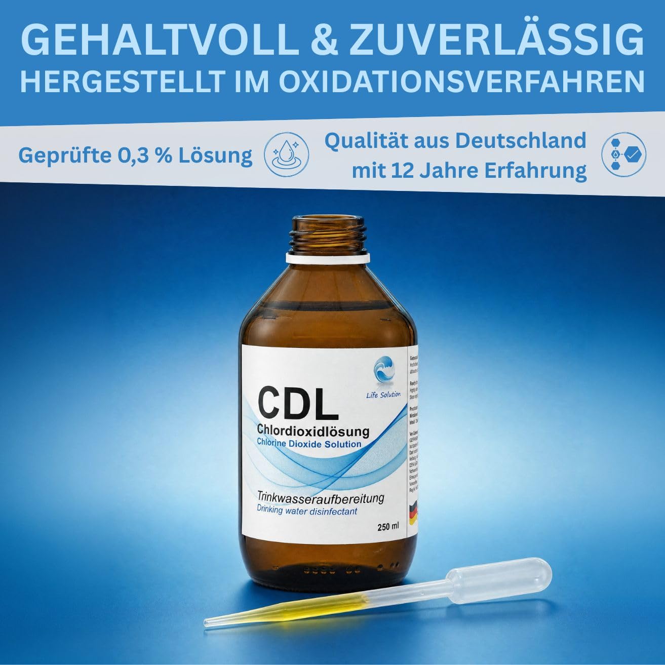 Chlordioxid Lösung 0,3% - CDs - CDL - Trinkwasserdesinfektion - Wasseraufbereitung - Chlorine Dioxide Solution - 250 ml + Anleitung & Pipette