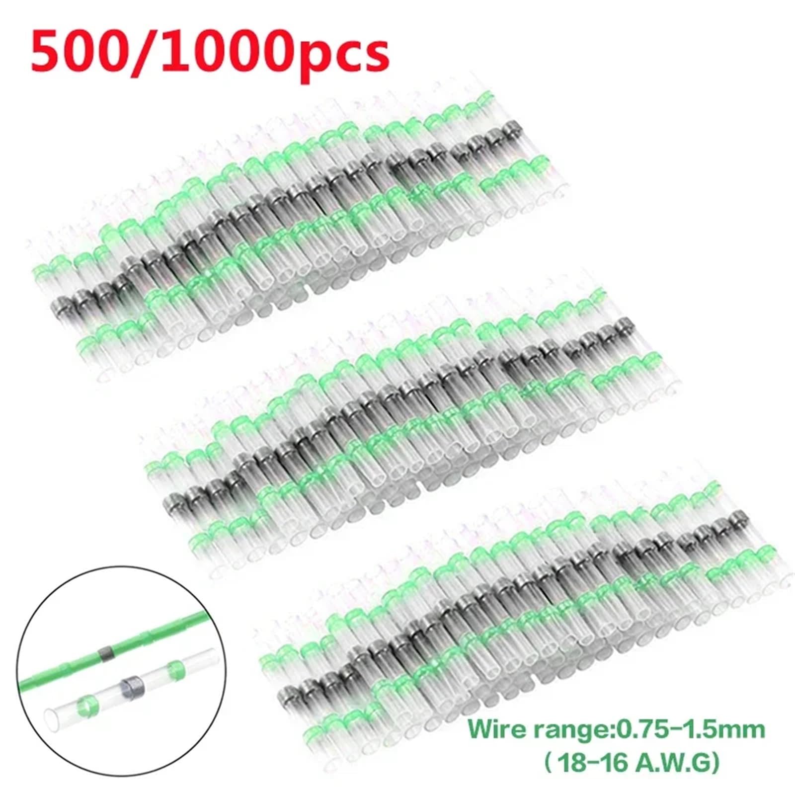 100/1000 conectores de cable con sellado de soldadura verde, terminales de empalme de cable con aislamiento termorretráctil impermeables. para vehículos de motor, embarcaciones(500pcs)