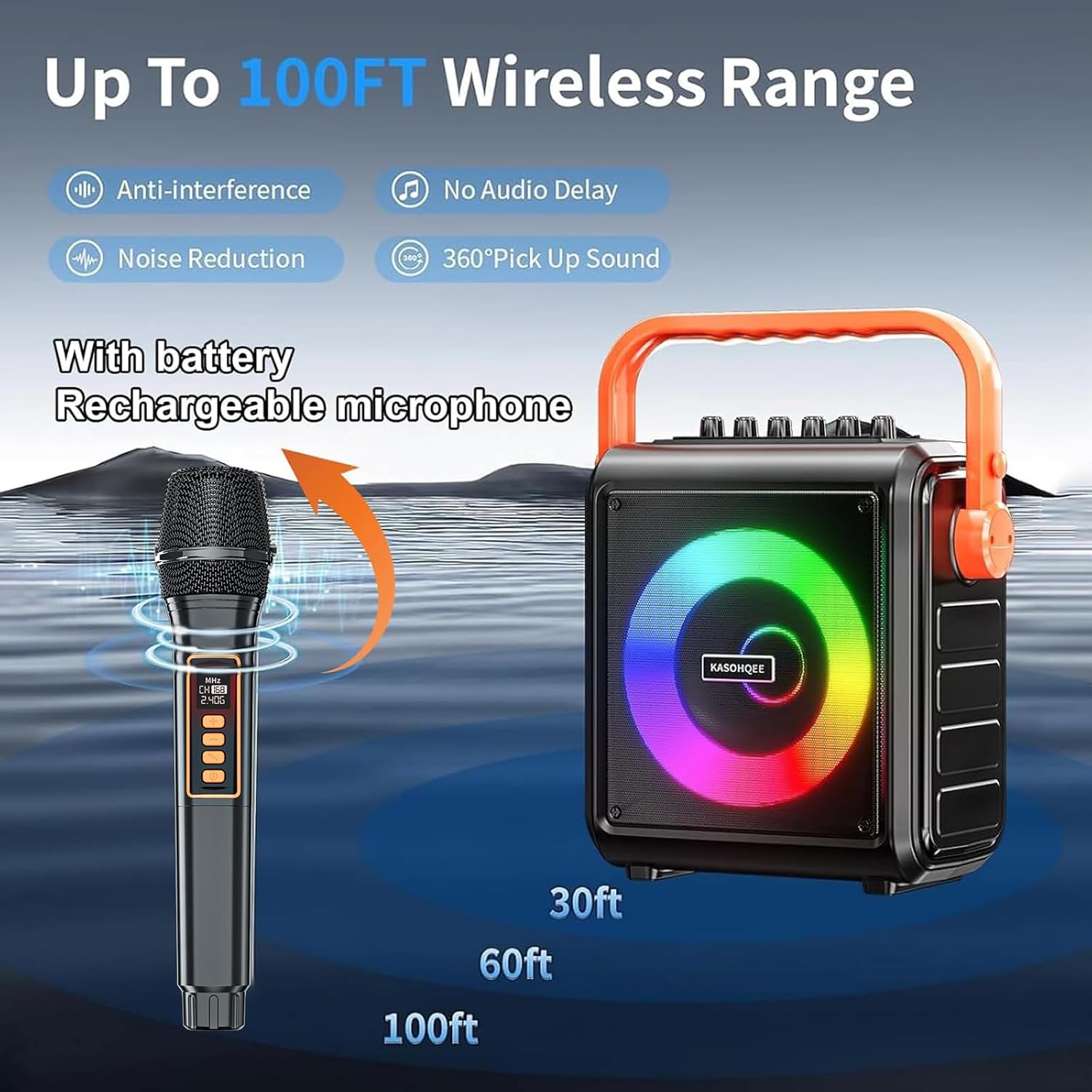 Karaoke Machine,8000mAh Portable Bluetooth Speaker with 2 Wireless Microphones for Adults & Kids,Microphone Speaker Set with Lights,Supports for TF Card,AUX in,FM,REC,for Parties,Outdoor,Home (HBL100)