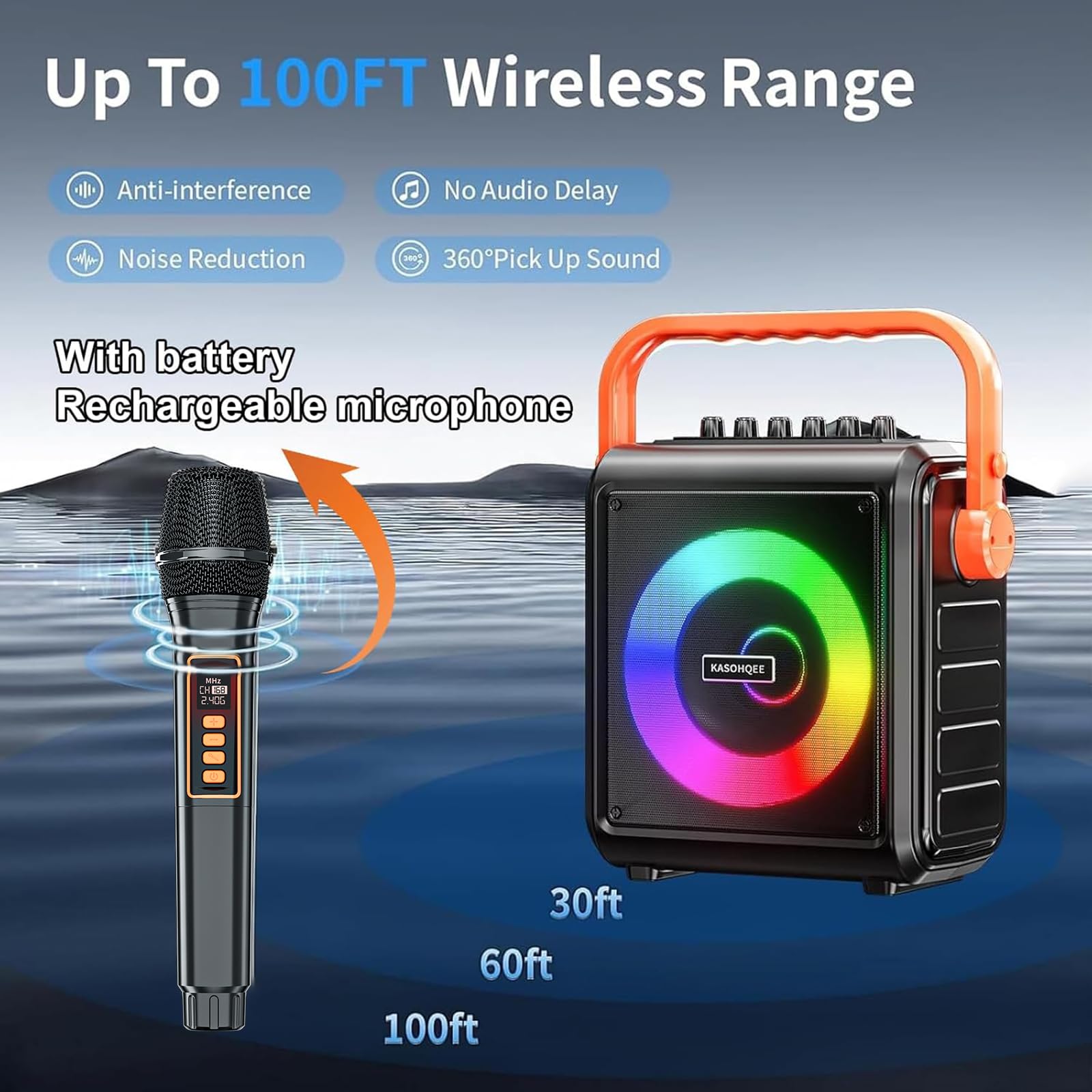 Altoparlante Bluetooth portatile da 8000 mAh con 2 microfoni wireless per adulti e bambini, set di altoparlanti con microfono, con luci, supporto per scheda TF, ingresso AUX, FM, REC, per feste