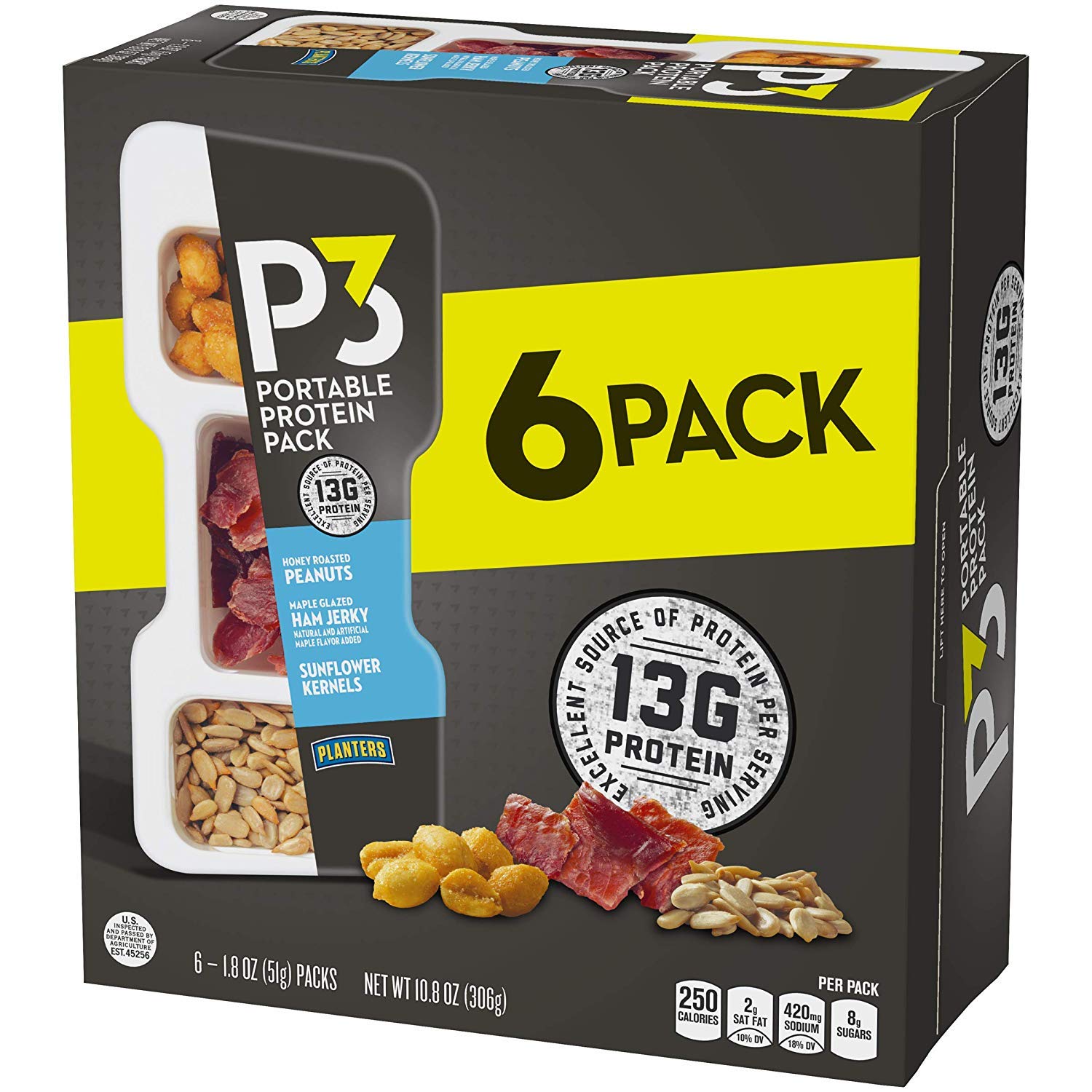 P3 With Honey Roasted Peanuts, Maple Glazed Ham Jerky & Sunflower Kernels Portable Protein Pack (1.8 oz Trays, Pack of 6) - Satisfying Snack, Work Snack, Active Lifestyle Snack and On-the-Go Snack