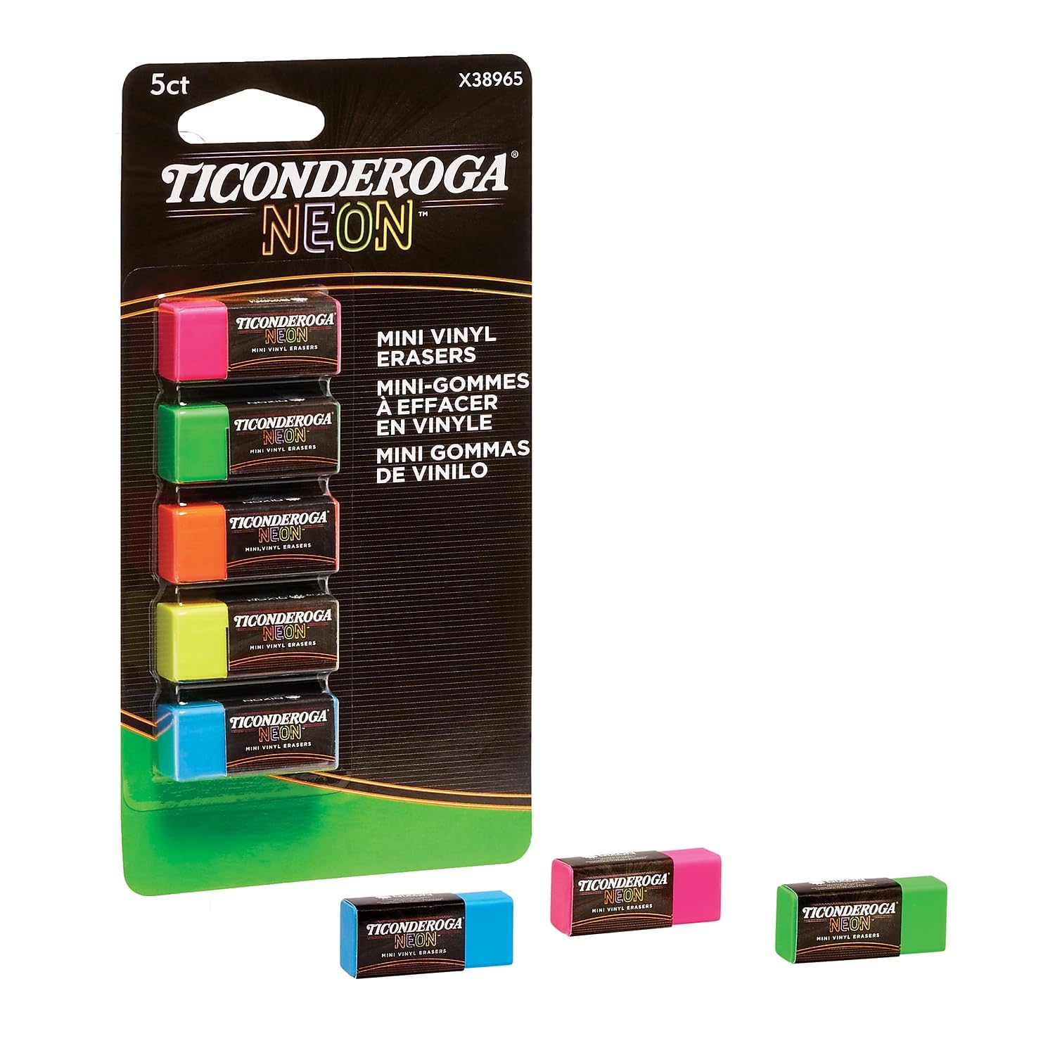 Ticonderoga DIX38965-12 Mini-Radiergummis aus Vinyl, Neonfarben, sortiert, 5 Stück pro Packung, 12 Packungen