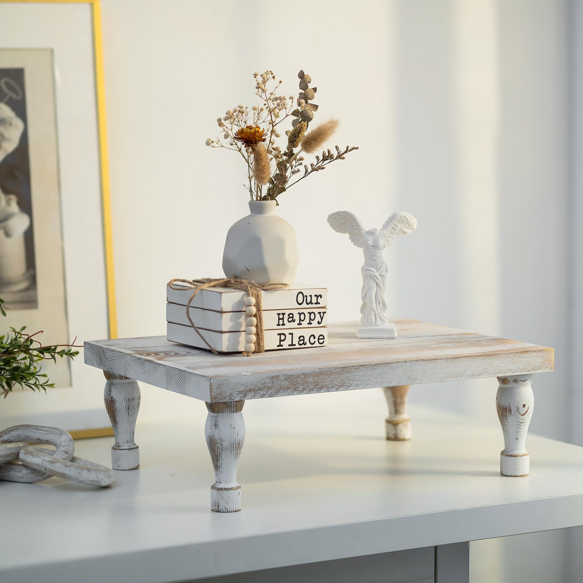 Hanobe - Bandeja decorativa de madera: soporte de exhibición con pedestal de madera rústica encalada para centro de mesa para cafetería, cocina, comedor, decoración de mesa, patas cortas y altas | Decoración rústica de mesa de café para centro de mesa de
