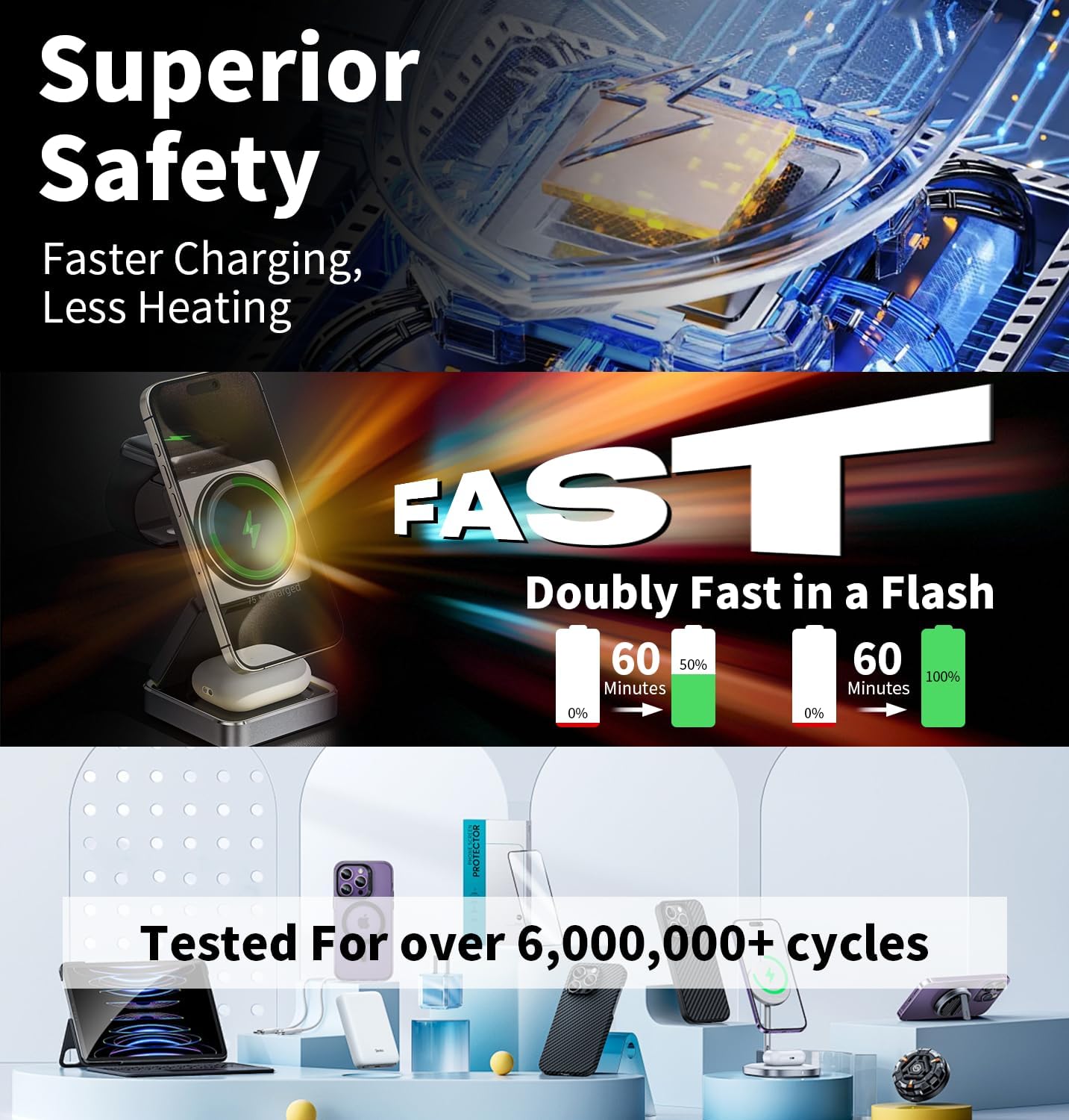 Portable 3 in1 Magsafe Wireless Charger Station for Apple iPhone, Multiple Devices, Foldable Travel Charging Stations, Magnetic Fast Charger with Light for iPhone 12-16 Series for Apple Watch & Airpod