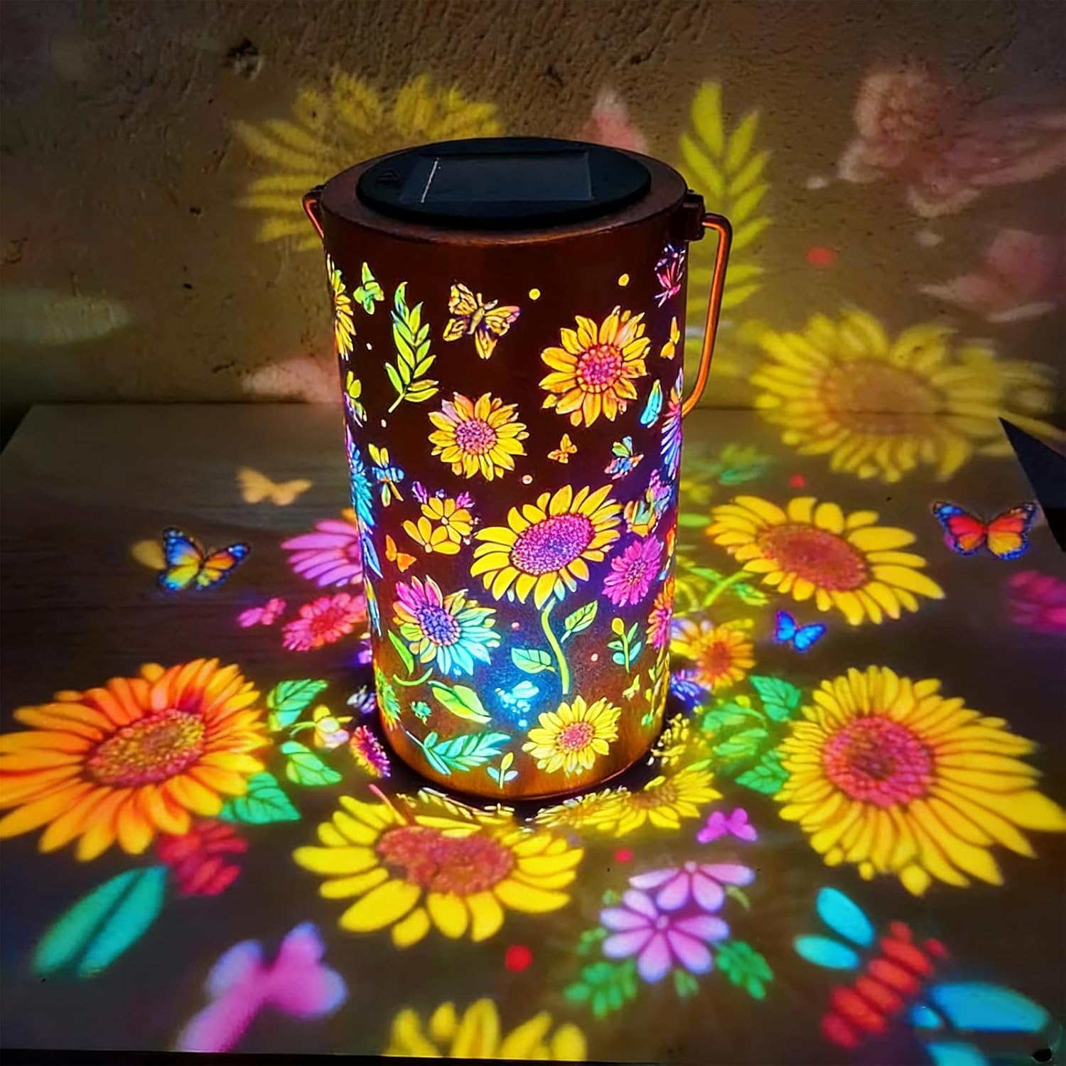 Colorful Sunflower Glow Solar Garden Lantern, Sunflower Solar Lantern, Waterproof Metal Hanging Lights with Butterfly Cut-Outs, Metal Lanterns Decorative Outdoor for Yard, Patio (a)