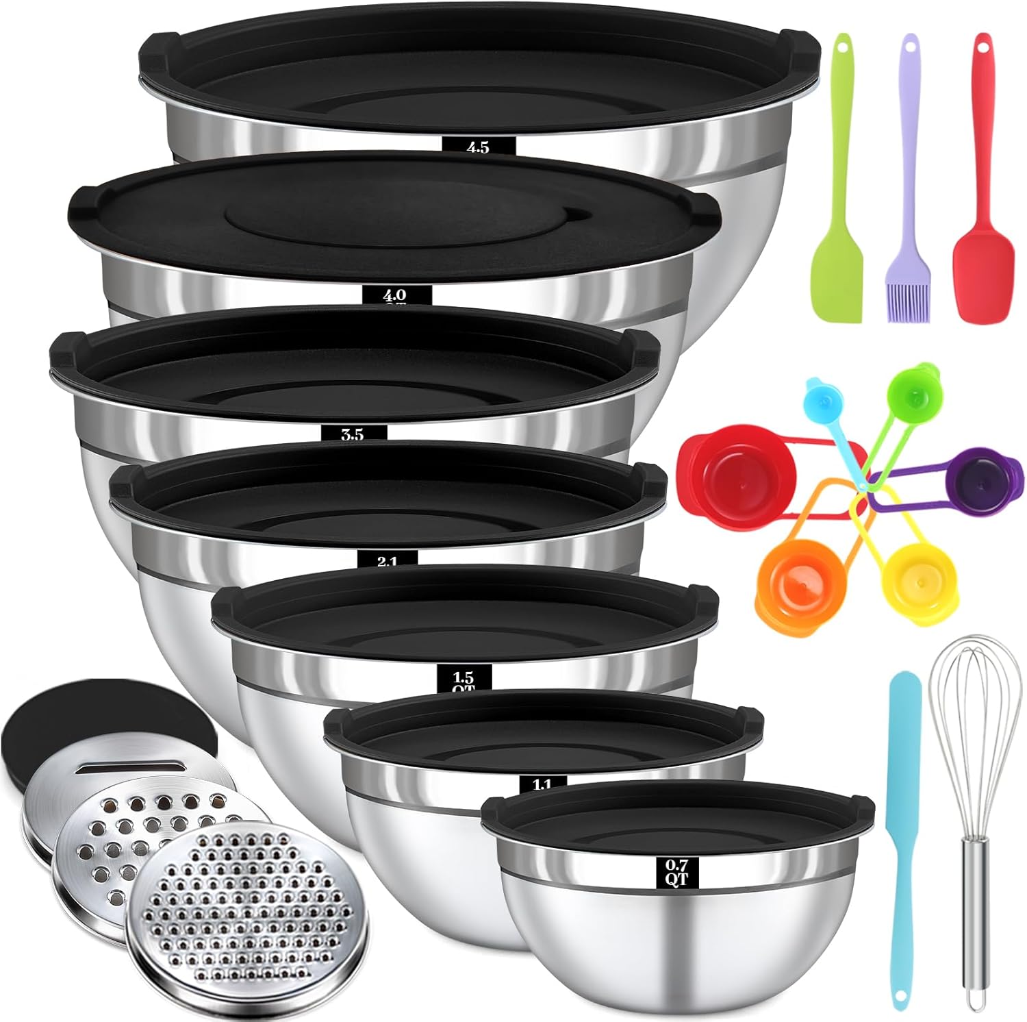 Mixing Bowls with Lids Set - 7 Nesting Mixing Bowls, 3 Graters, 11 Baking Tools, Lids, Stainless Steel Mixing Bowls for Mixing & Baking, Size 0.7/1.1/1.5/2.1/3.5/4/4.5 QT, Black