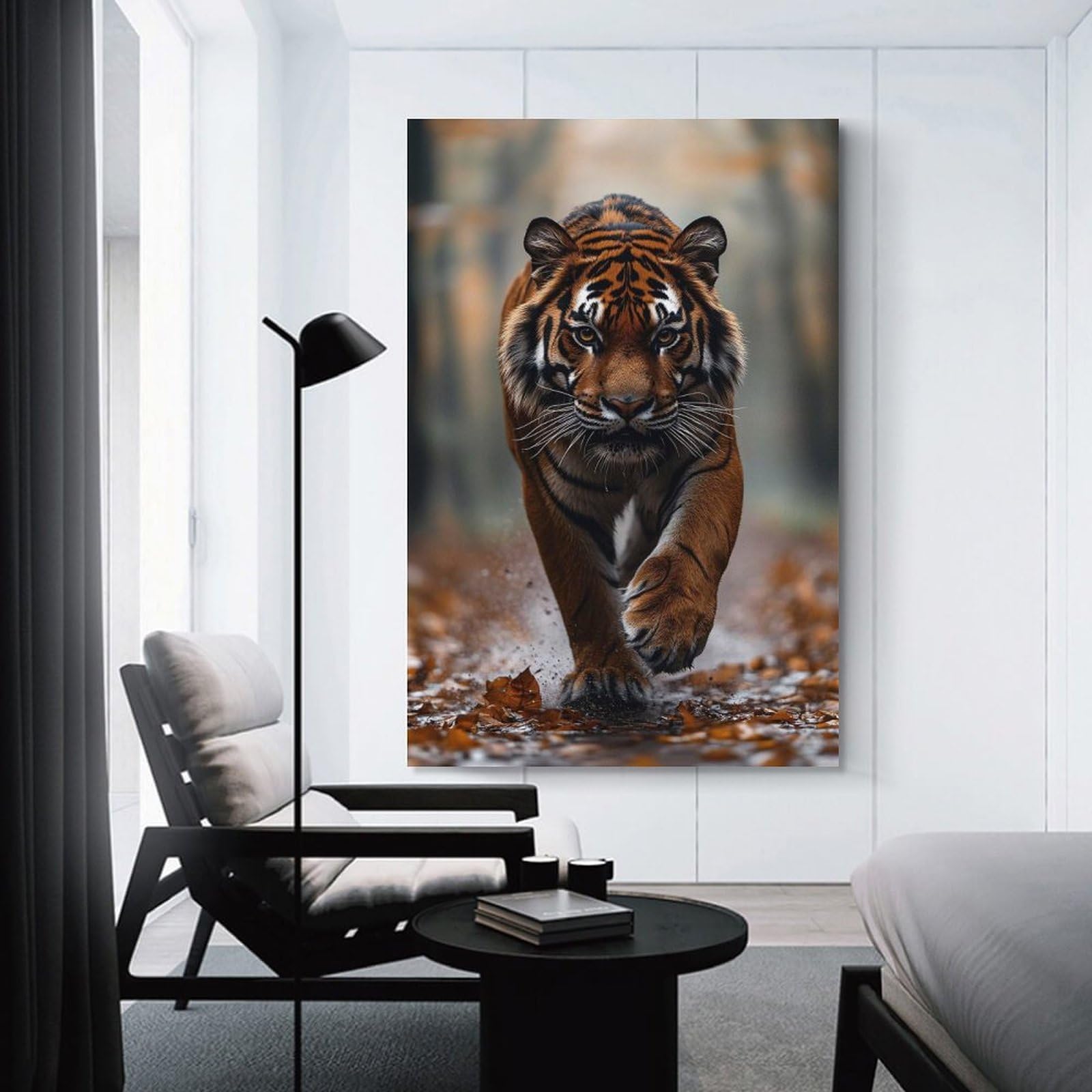 Junmoney Tiger Walking Through Autumn Leaves Decorative Canvas Print 08x12inch(20x30cm), for Study, Office Or Focused Interiors, Wall Art That Adds Style to Work Areas