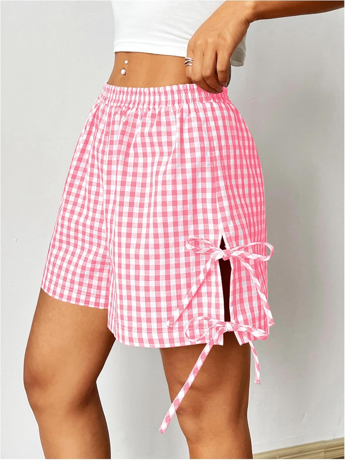 Verdusa Women's Gingham Plaid Shorts Bow Tie Split Elastic Waist Y2k Wide Leg Shorts Summer Vacation Outfits Picnic Clothes - Image 3