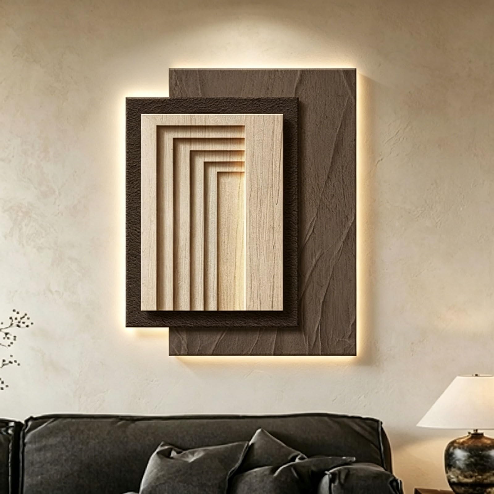 SIONDSTS Sandstone Decor Wall Art Painting,3D Abstract Textured Wall Art,Modern Minimalism Wall Art Decor,Creative Landscape Wall Sculptures with LED,Entrance Decorative Painting,D,65CM