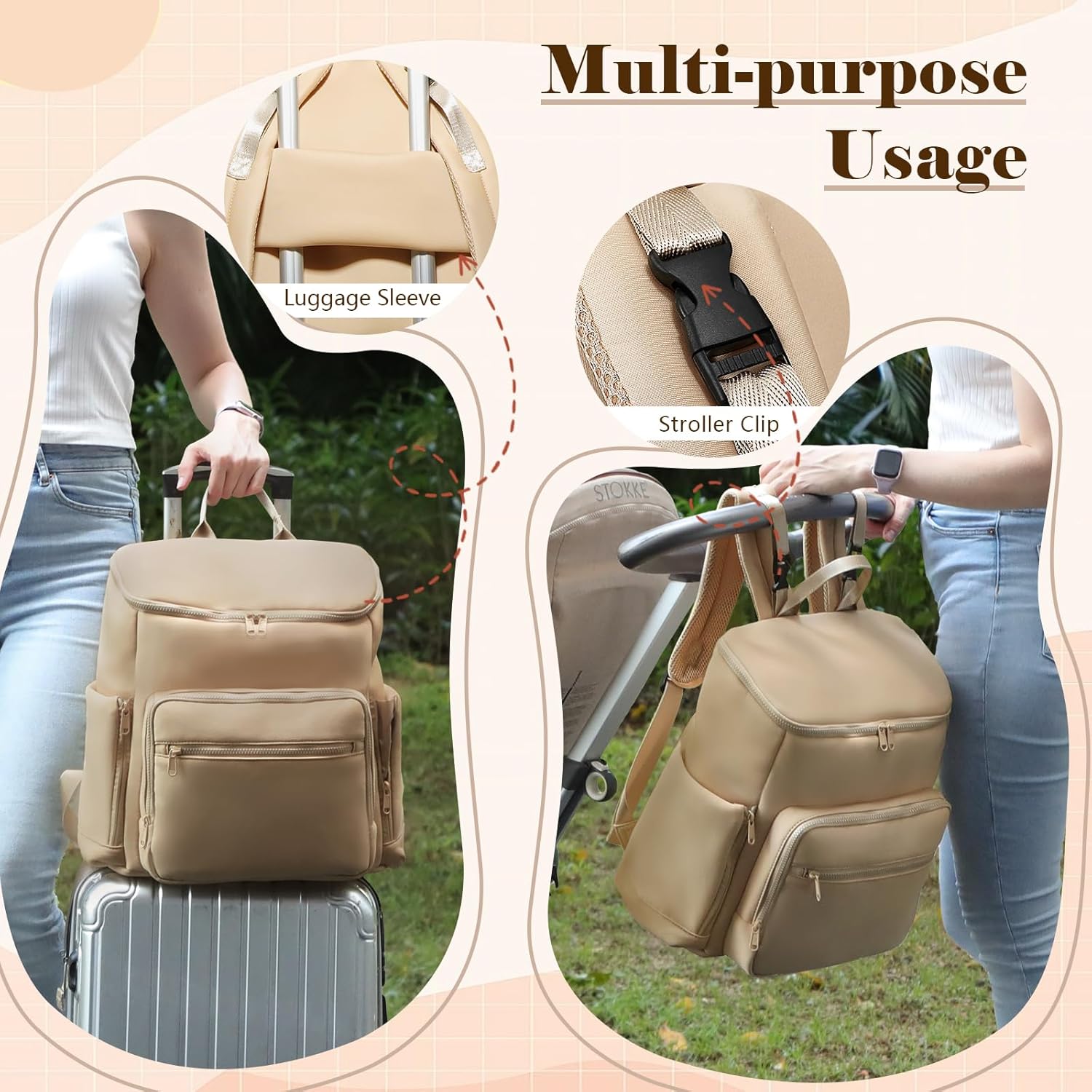 Diaper Bag Backpack, Neoprene Bag Backpack, Large Diaper Backpack with 16 Diaper Bag Organizers, 4 Insulated Pockets, Lighweight Travel Baby Bag with Changing Pad for Mom & Dad, Apricot