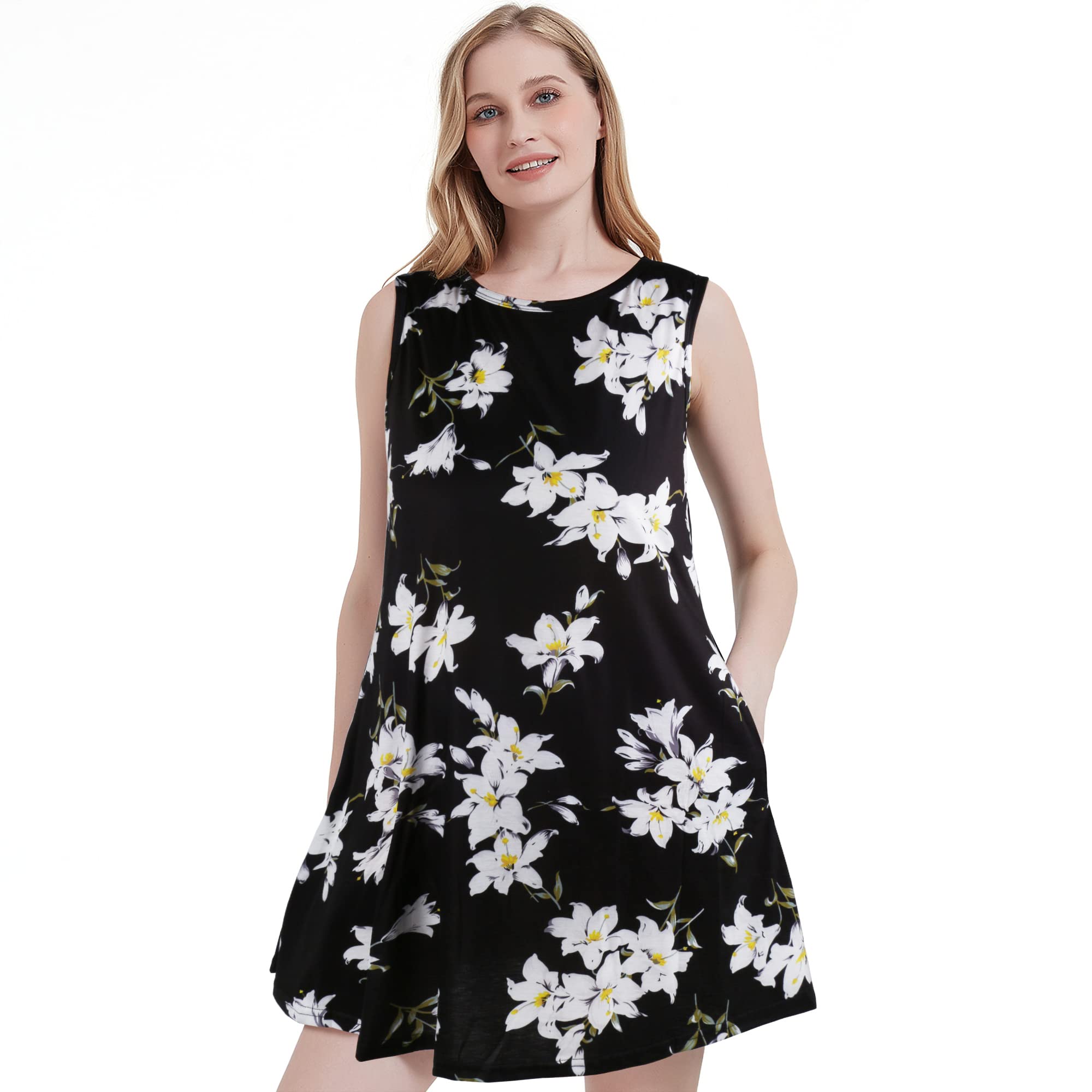 Scotamalone Summer Dresses for Women Casual Beach Floral Tshirt Sundress Tank Dress Sleeveless with Pockets