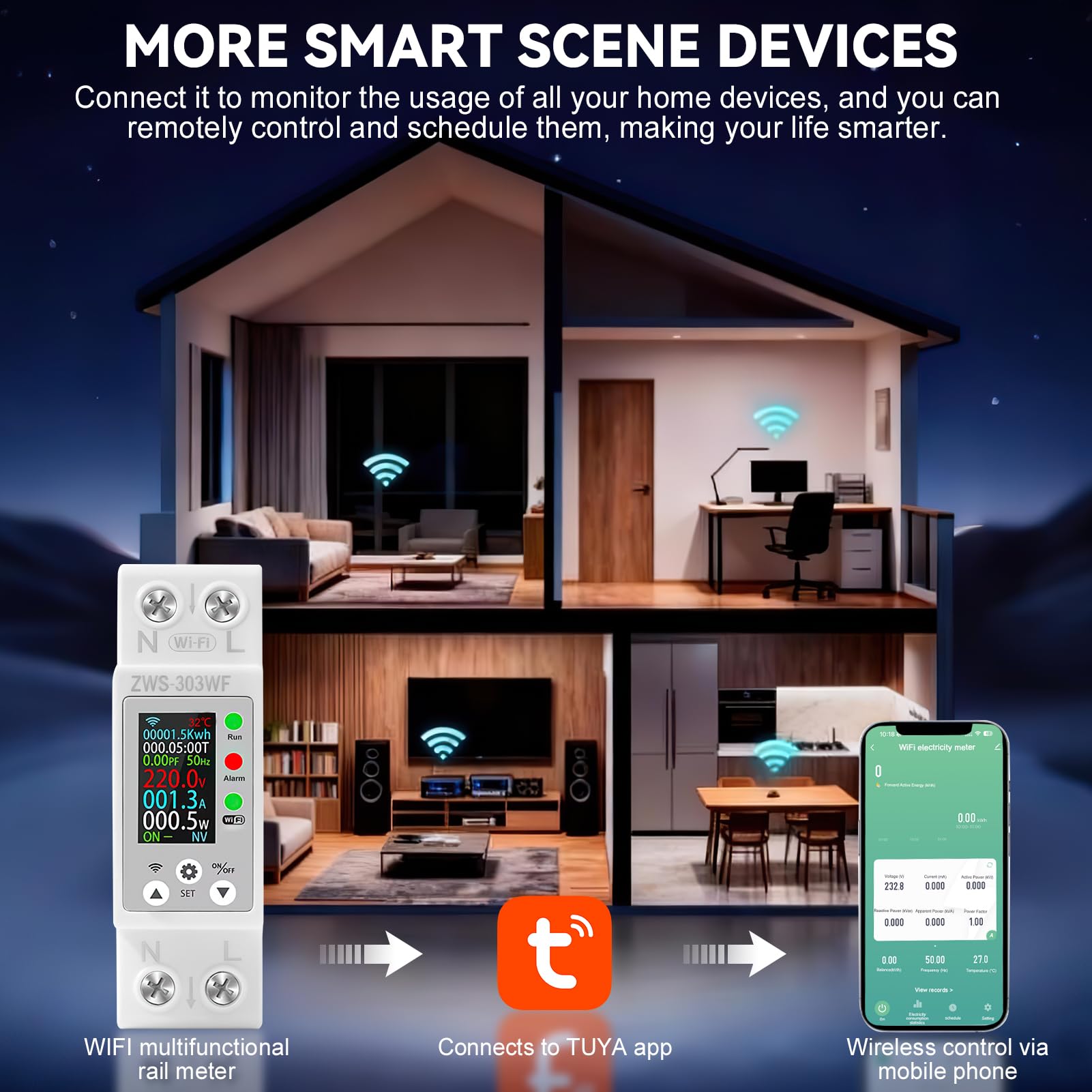 Compteur electrique connecté 63A TUYA compteur électrique wifi Intelligent compteurs d'énergie monophasé AC80-300V avec Protection contre les fuites de surcharge de surintensité ZWS-303WF