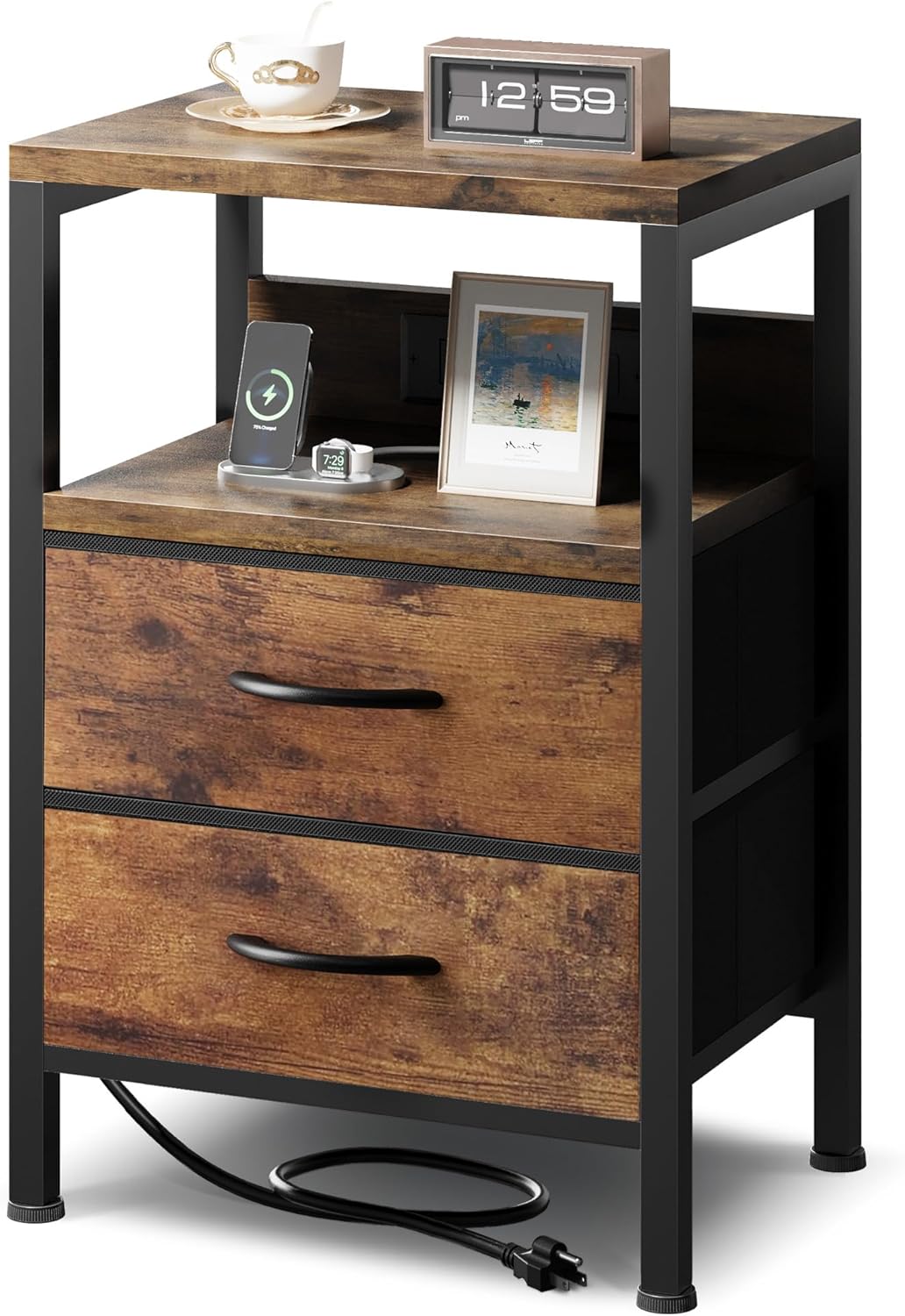 nightstand bedside charging table bedroom - brown night stand with charger station, modern bed side end table with open shelf & 2 fabric drawers, usb-c usb ports & ac outlets for dorm, living room rustic brown 2 drawers