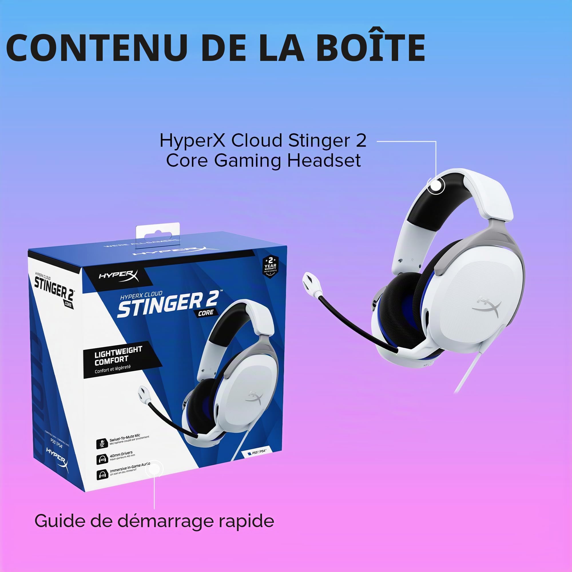 HyperX Cloud Stinger 2 Core pour PlayStation, Casque gaming filaire PS5/PS4, Haut parleurs 40 mm, Micro antibruit avec mute par pivotement, Commandes audio sur casque, Léger, Blanc
