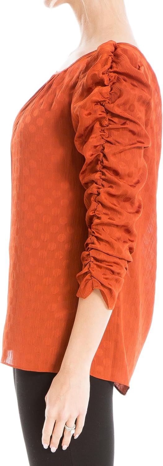 Max Studio Womens Jacquard Shine Dot Ruched Sleeves BlouseBlouse - Image 4