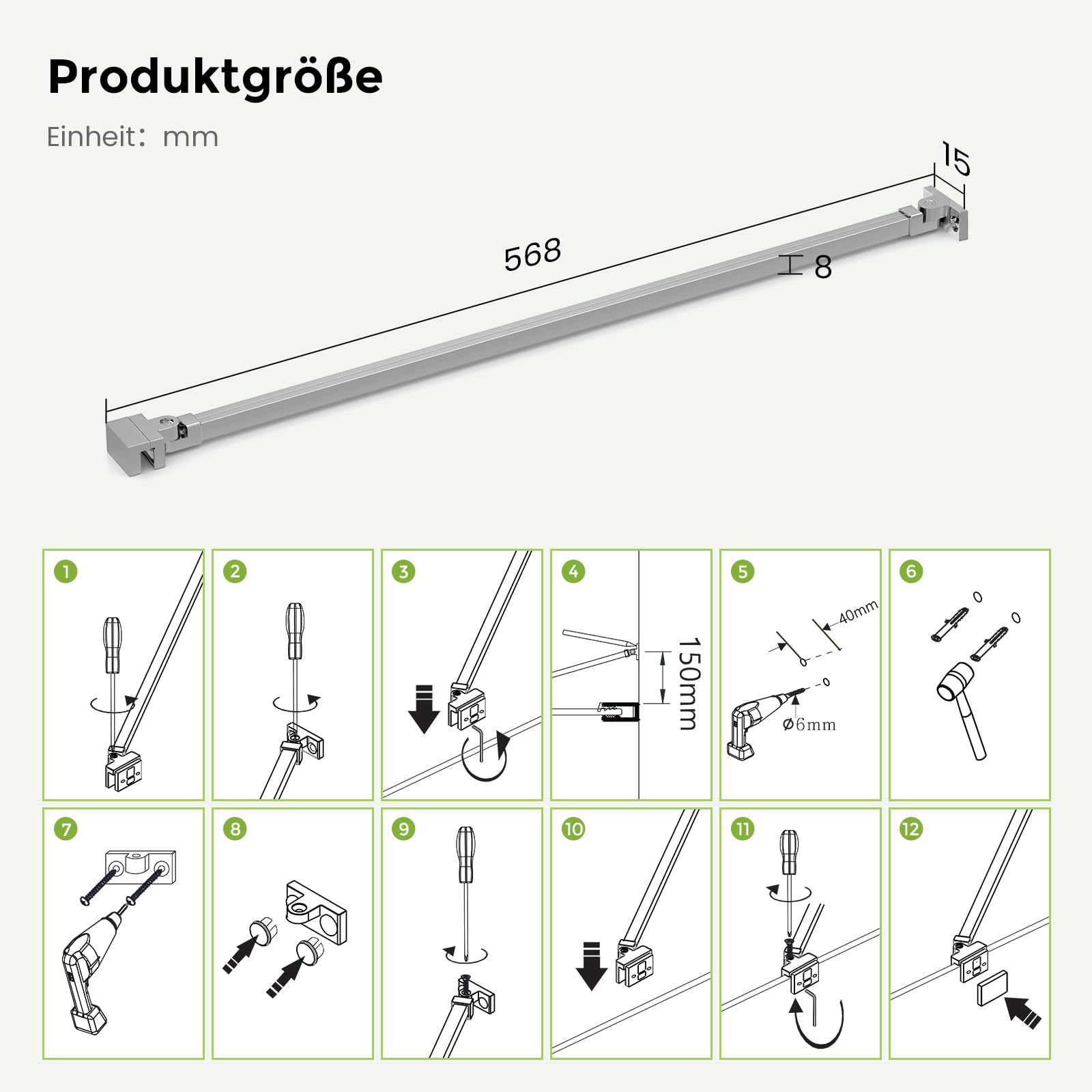 S'AFIELINA Barre de stabilisation pour cabine de douche en aluminium, stabilisateur pour verre de douche 5-6 mm d'épaisseur, support mural longueur réglable 500 mm (1 pièce)