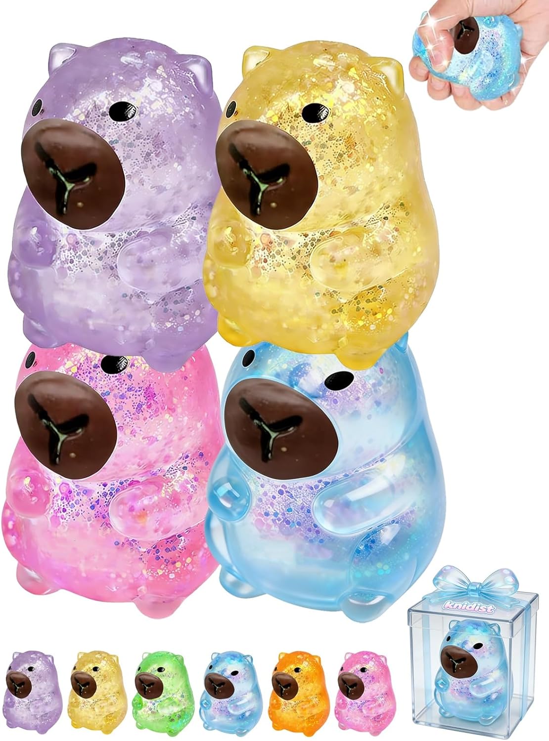 Capybara Squishy Glitter Animal Squeeze Balls Cute Capybara Stress Ball Anxiety Relief Slow Rise Adult Sensory Fidget Tool Gift Sparkling Desk Decor Collectibles Decompression Dough(4pcs Set)