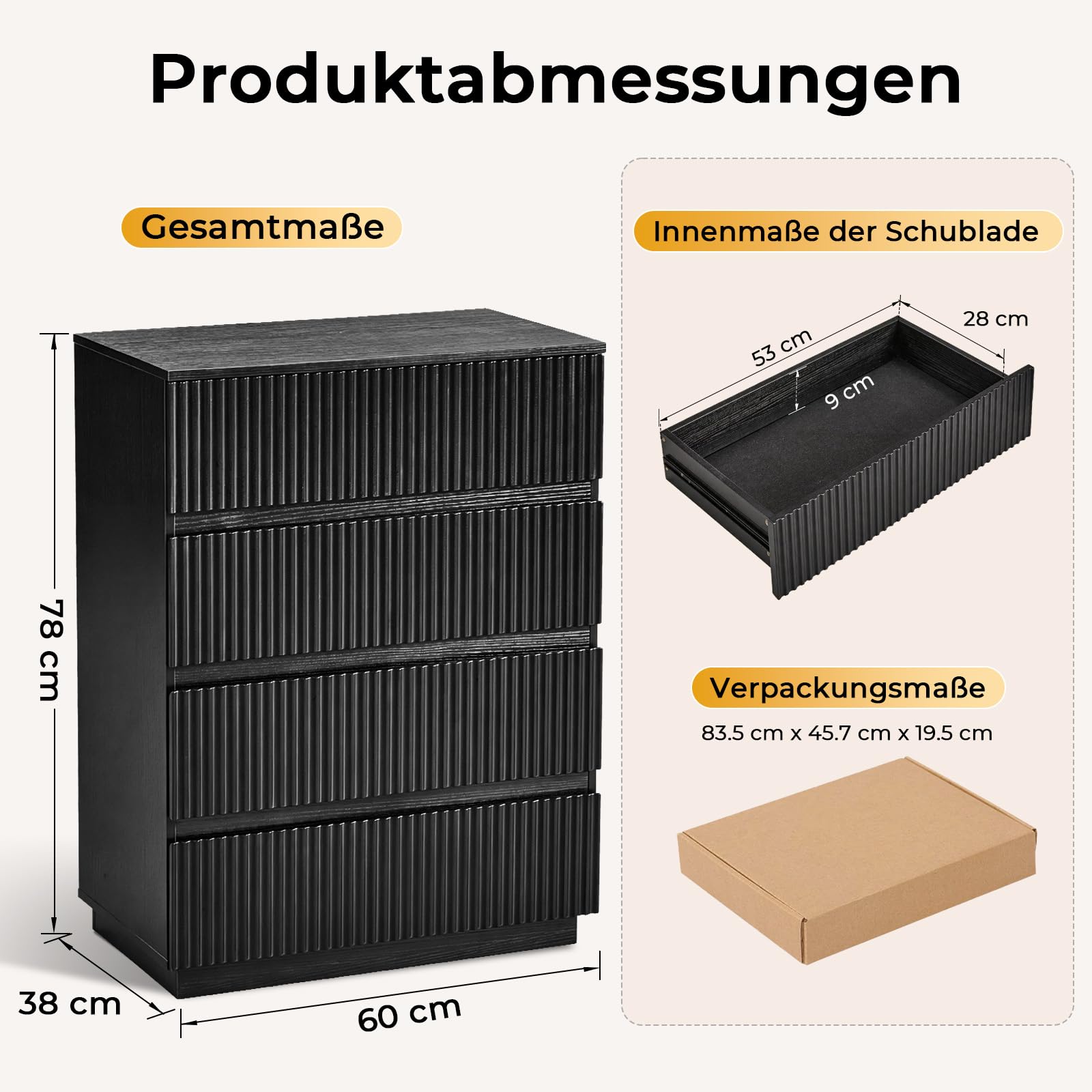 LEADZM Kommode Schwarz mit 4 Schubladen, Schubladenschrank 60 x 38 x 78 cm