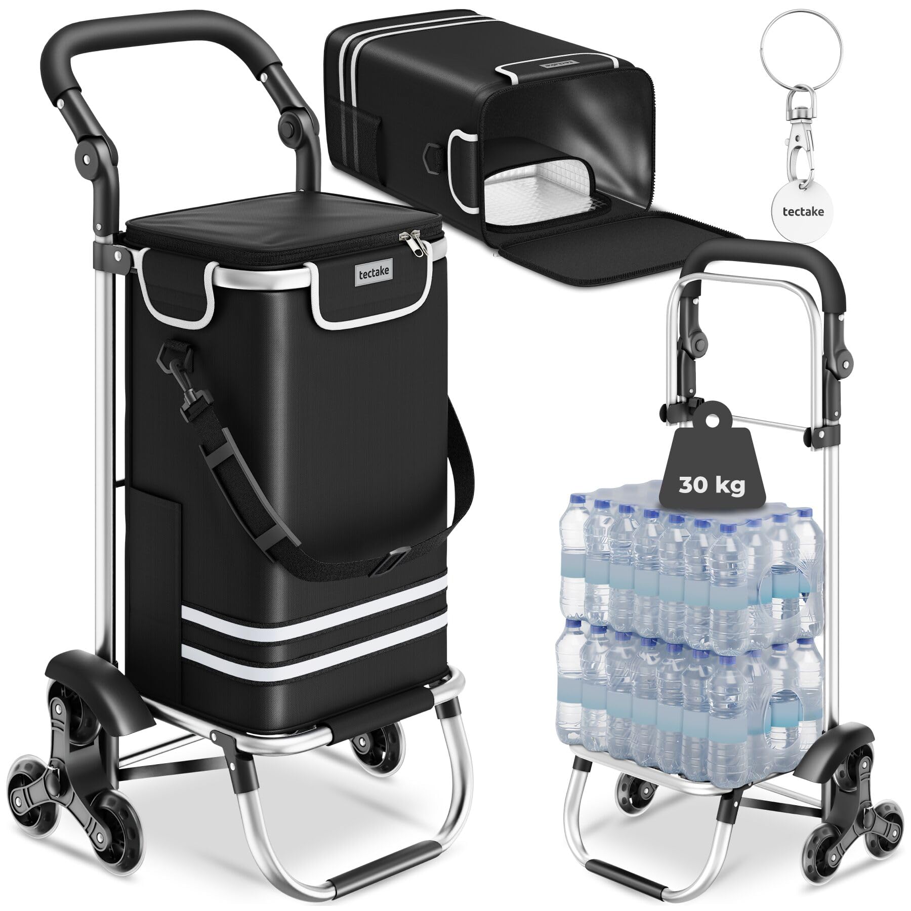 tectake® Carrello Spesa Shopper 3 in 1, Trolley Pieghevole con Borsa Termica per Surgelati, Carrello con Ruote Portatutto, Carrellino Spesa Con Ruote a Stella, Capacità max 30 kg / 56 L - Nero