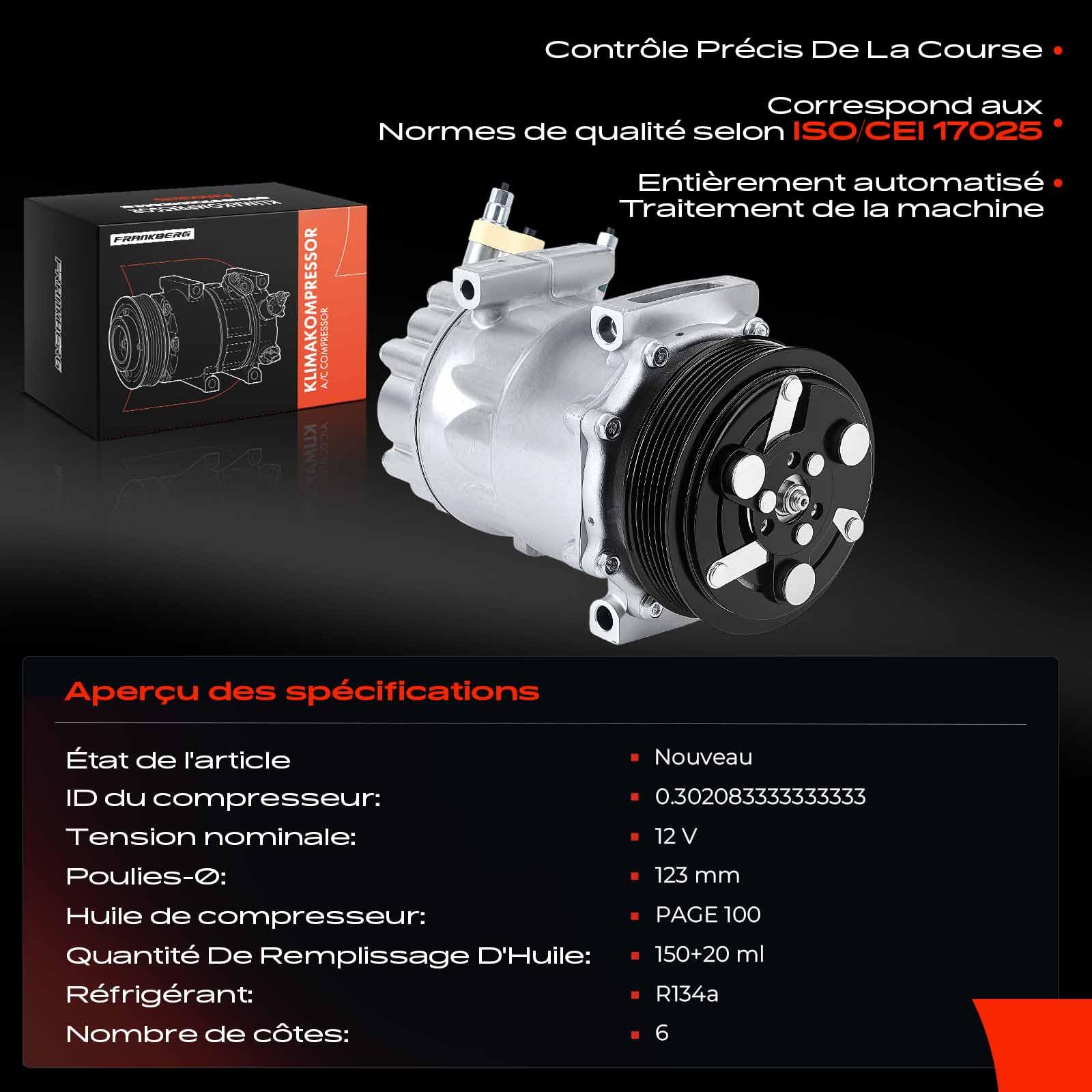Frankberg Compresseur de climatisation avec embrayage, essence, 9651911480 | Compatible avec: Berlingo Box/MPV B9, C4 I LC, 307 Pause 3E, C5 III Break RW, C5 III RD, Tipi partenaire, 308 I 4A 4C