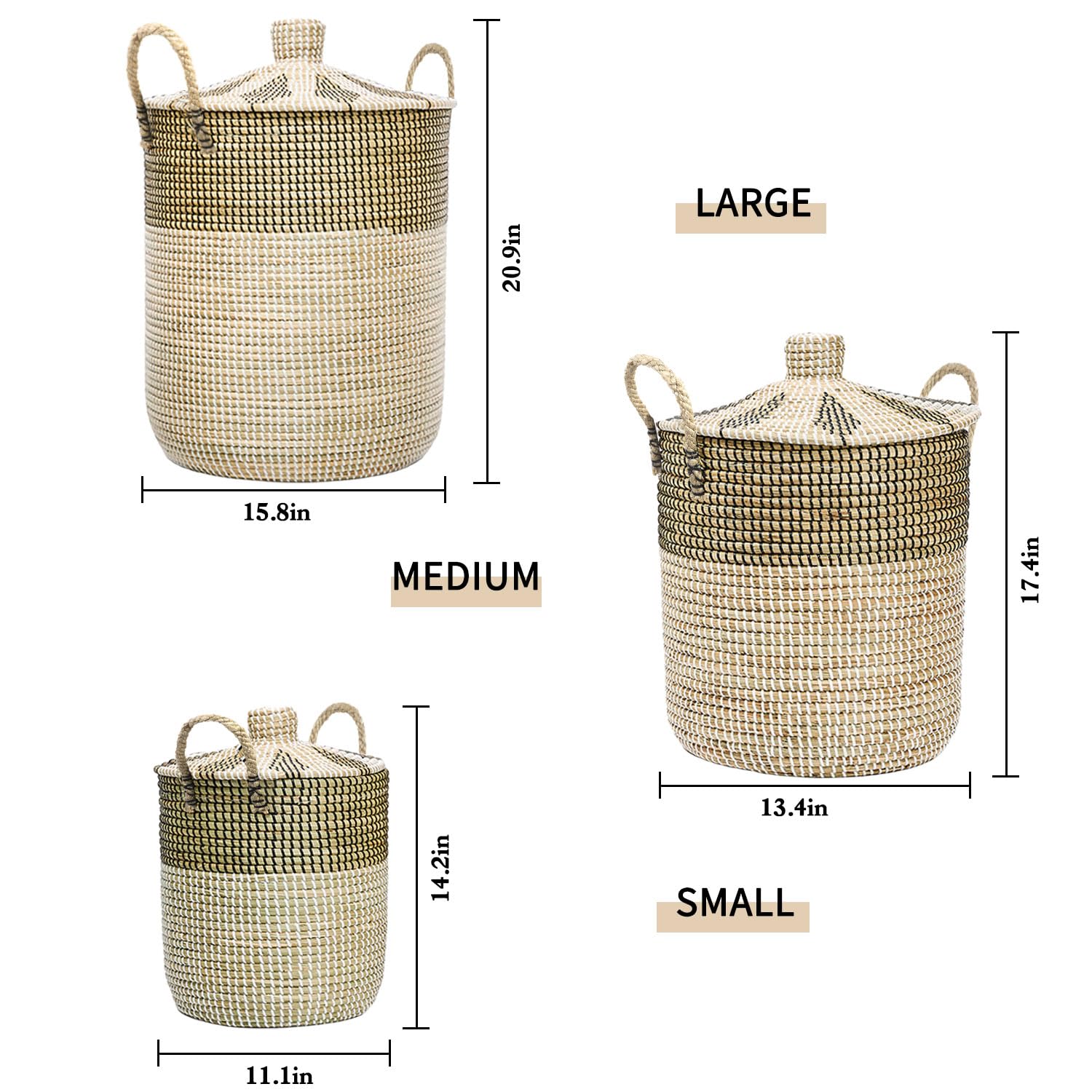 3 Pz 76L+43L+26L Set di Cestini per la Biancheria con Coperchio e Sacchetti Interni, Cesto Intrecciato, Fatto a Mano, Cesto Portaoggetti con Manici in Salice per Bagno o Cameretta dei Bambini, per