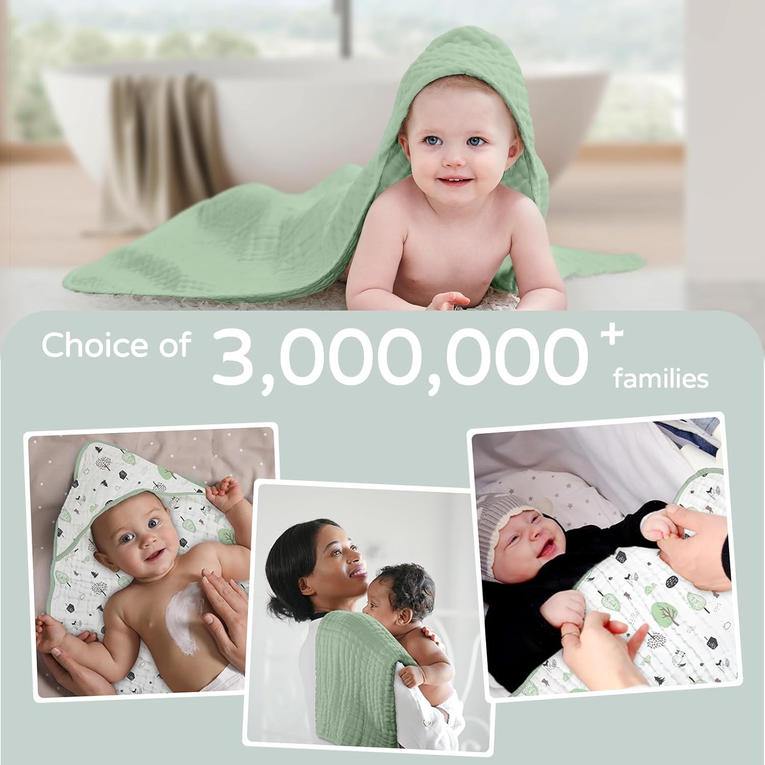 Yoofoss Hooded Baby Towels for Newborn 2 Pack 100% Muslin Organic Cotton Baby Bath Towel with Hood for Babies, Infant, Toddler and Kids, 32x32Inch, Soft and Absorbent Newborn Essential,Forest - Image 6