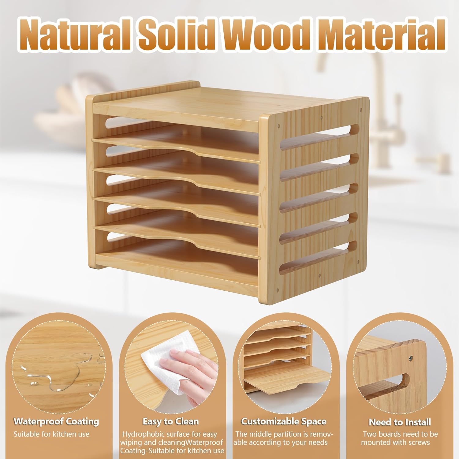 6 Tier Wooden Tray Dividers for Cabinets, Kitchen Vertical Cookie Sheet Organizer, Baking Trays Storage Rack for Baking Pans, Cutting Board