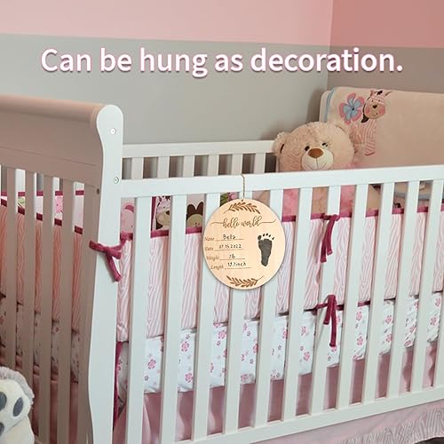 Miniatura 4 de Letrero de anuncio de madera para bebé, letrero de bienvenida al recién nacido, letrero de anuncio de nacimiento con almohadilla de tinta, letrero