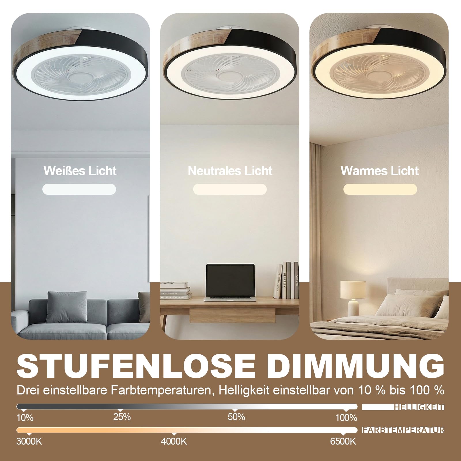 DATO Deckenventilator mit Beleuchtung, 3 Farbtemperatur und 6 Geschwindigkeiten LED-Deckenventilator mit Lampe Leise Dimmbar (A)