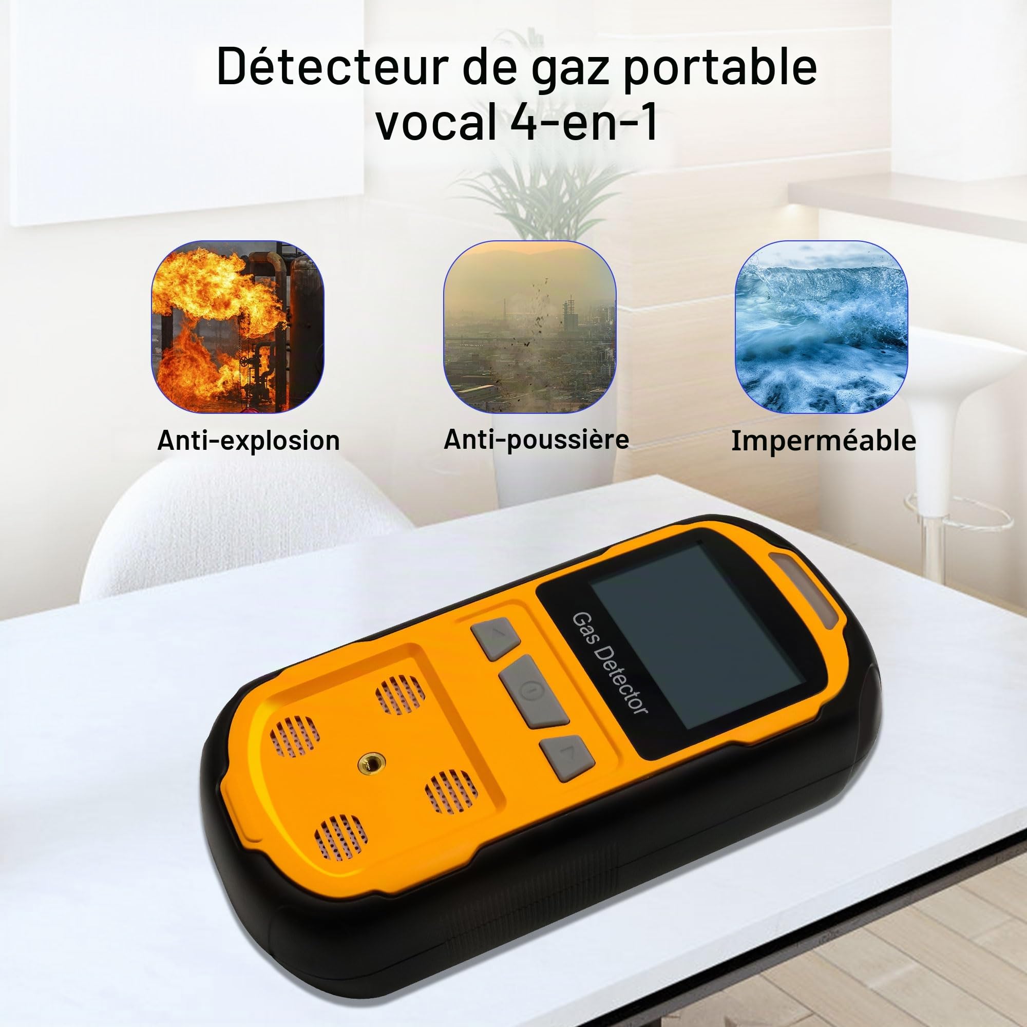 Détecteur de Fuite de gaz pour H2S CO O2 et LEL, détecteur de gaz Portable avec alarmes audibles, visuelles et vibrantes, Moniteur de gaz Portable 4 en 1, écran LCD numérique (Orange)