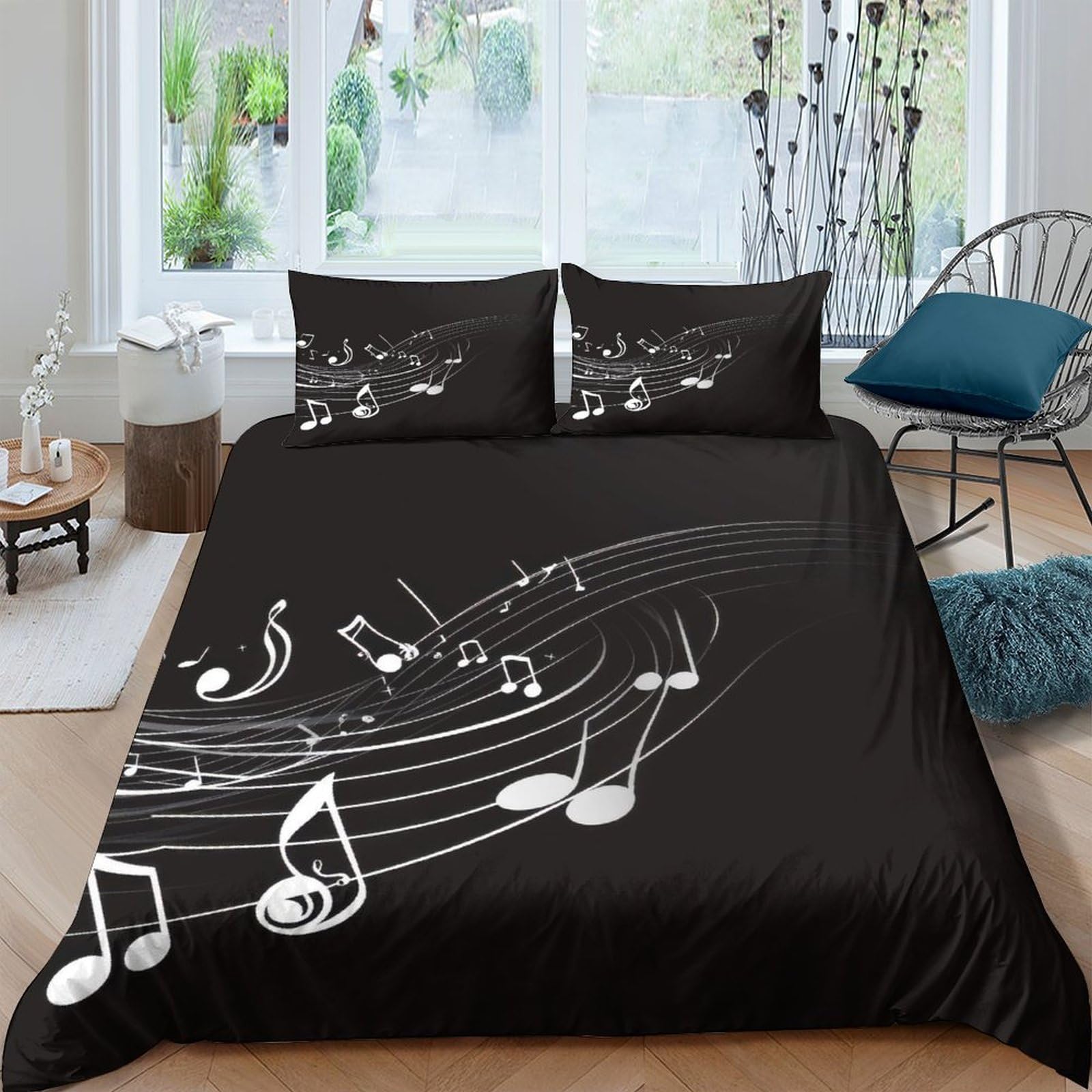 Ctjqhvkz Style-5 3D Printed Musical Notes Fitted Sheet Microfiber Black Bed Cover For Bedroom Dorm Mattress Protection Decor Single（135X200cm）