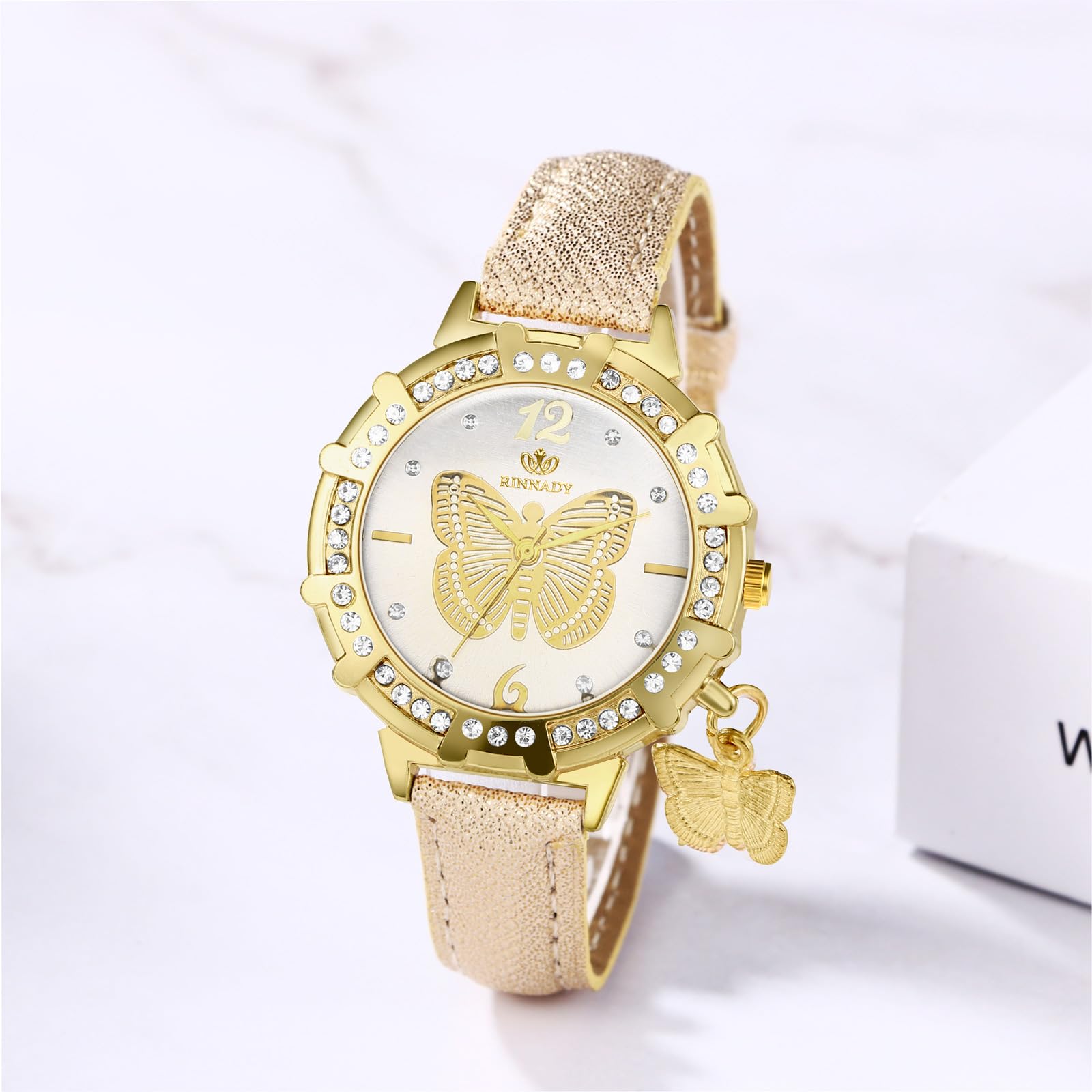 JewelryWe Zegarki damskie skórzane motyle – 6 sztuk eleganckich boho, motyli, stras, zegarek na rękę, analogowy zegarek kwarcowy z 6 kolorami skórzanej bransoletki, 6 szt.