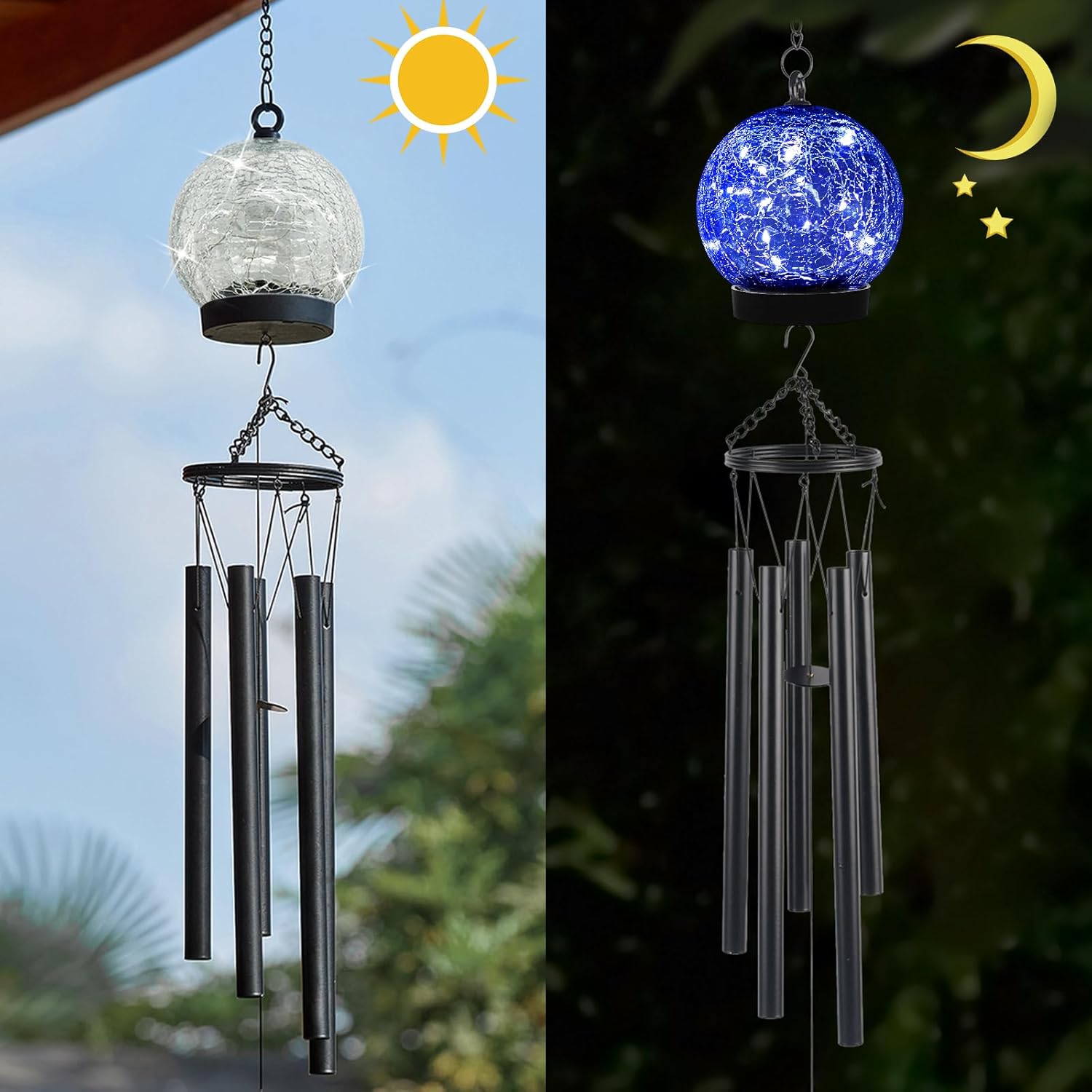 Garden Wind Chimes Outdoor, Solar Hanging Glass Ball Wind Chimes with 15 Blue LEDs 42 Inch Large with Unique Memorial Sympathy Wind Chime Outside Garden Decor as a Gift for Patio, Porch, Balcony - Image 4