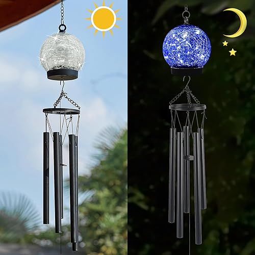 Miniatura 4 de Campanillas de viento de jardín al aire libre, campanillas de viento solares colgantes de bola de vidrio con 15 LED azules de 42 pulgadas de grande