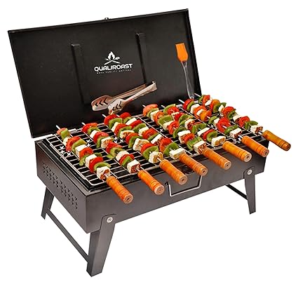 Qualiroast Barbeque Grill Set for Home Chicken Griller Barbeque Grill Breifcase,Portable Tandoori Grill for Home,Outdoor, Charcoal Bbq Grill with 8 skewers,1 Grill,1 Tong,1 Brush (LARGE)[No Charcoal]