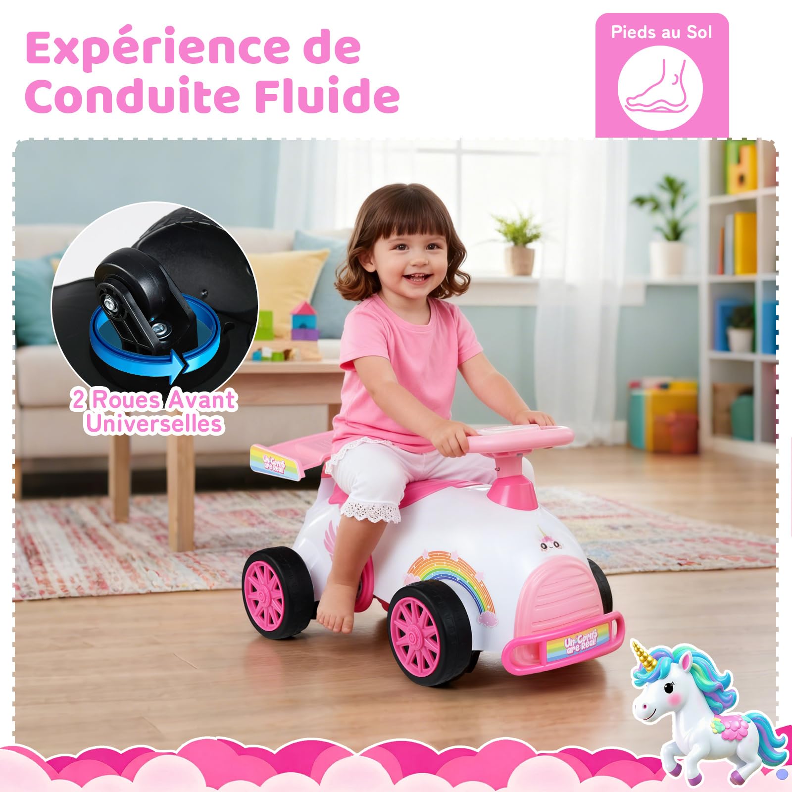 COSTWAY Porteur Enfant en Frome Licorne avec Volant & Musique, Voiture à Pousser Bébé avec Coffre à Jouets Caché & roulettes Universelles, Charge 15 kg pour Garçons Filles de 19-36 Mois (Rose+Blanc)