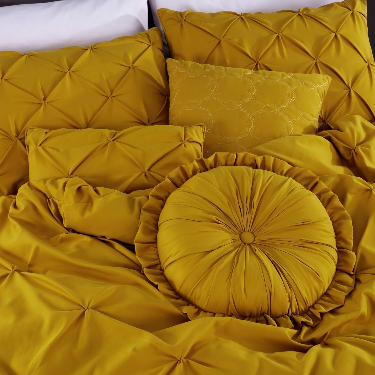 Chezmoi Collection Sydney Extra Wide King Size Comforter Set - 7-Piece Pintuck Bedding - Mustard Yellow, Elegant Lightweight Pinch Pleat Comforter with Decorative Pillows Bed Set for All Season