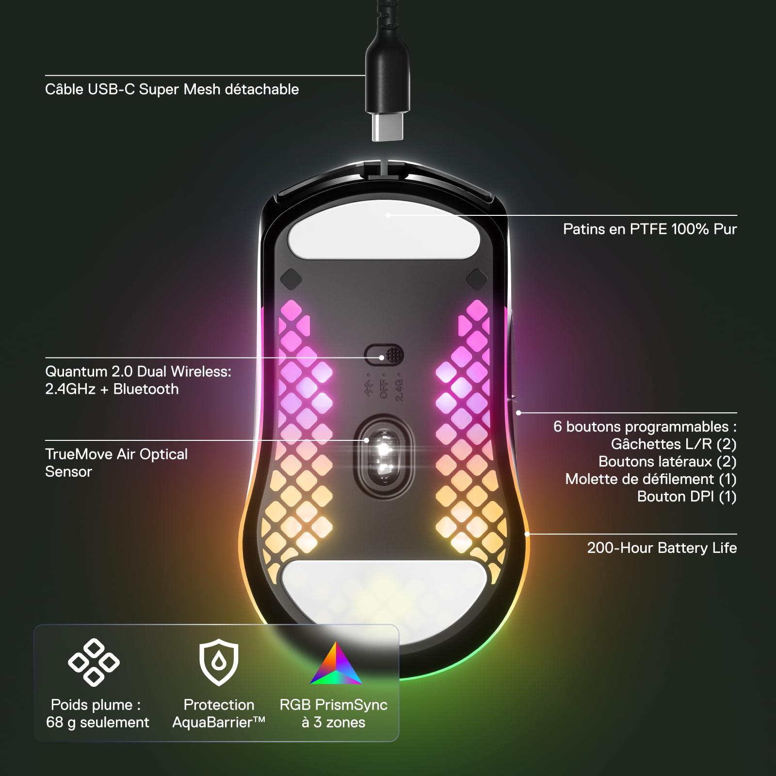 SteelSeries Aerox 3 Wireless - Souris gaming RGB trouée - Design étanche ultra-léger - Capteur optique 18K DPI TrueMove Air - Onyx