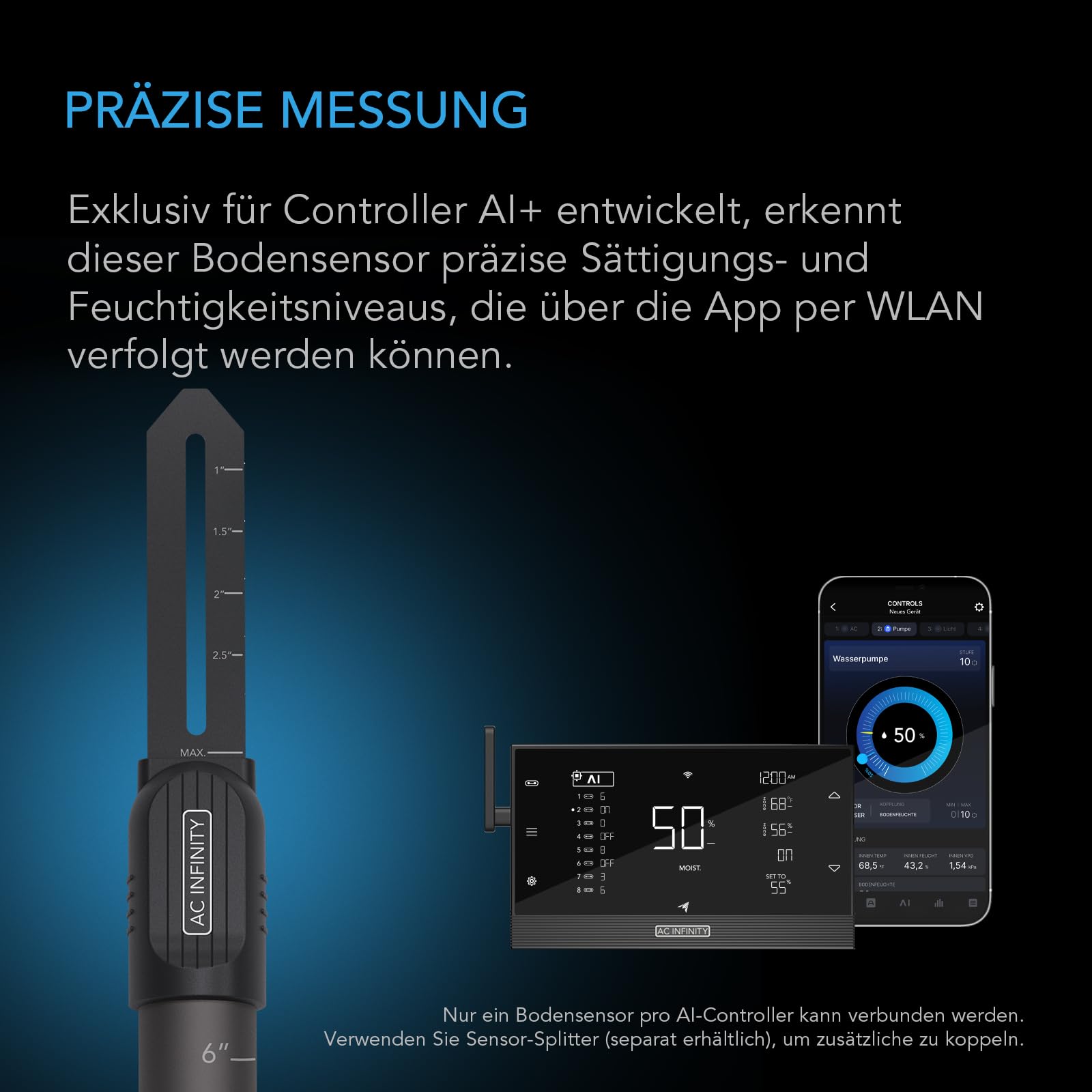 AC Infinity - Bodensensorsonde für KI-Controller, Überwachung von Feuchtigkeit und Sättigung für Gärten, Wachstumszelte, Wachstumsräume, abnehmbarer Stiel, IP67 Dichtungsschutz