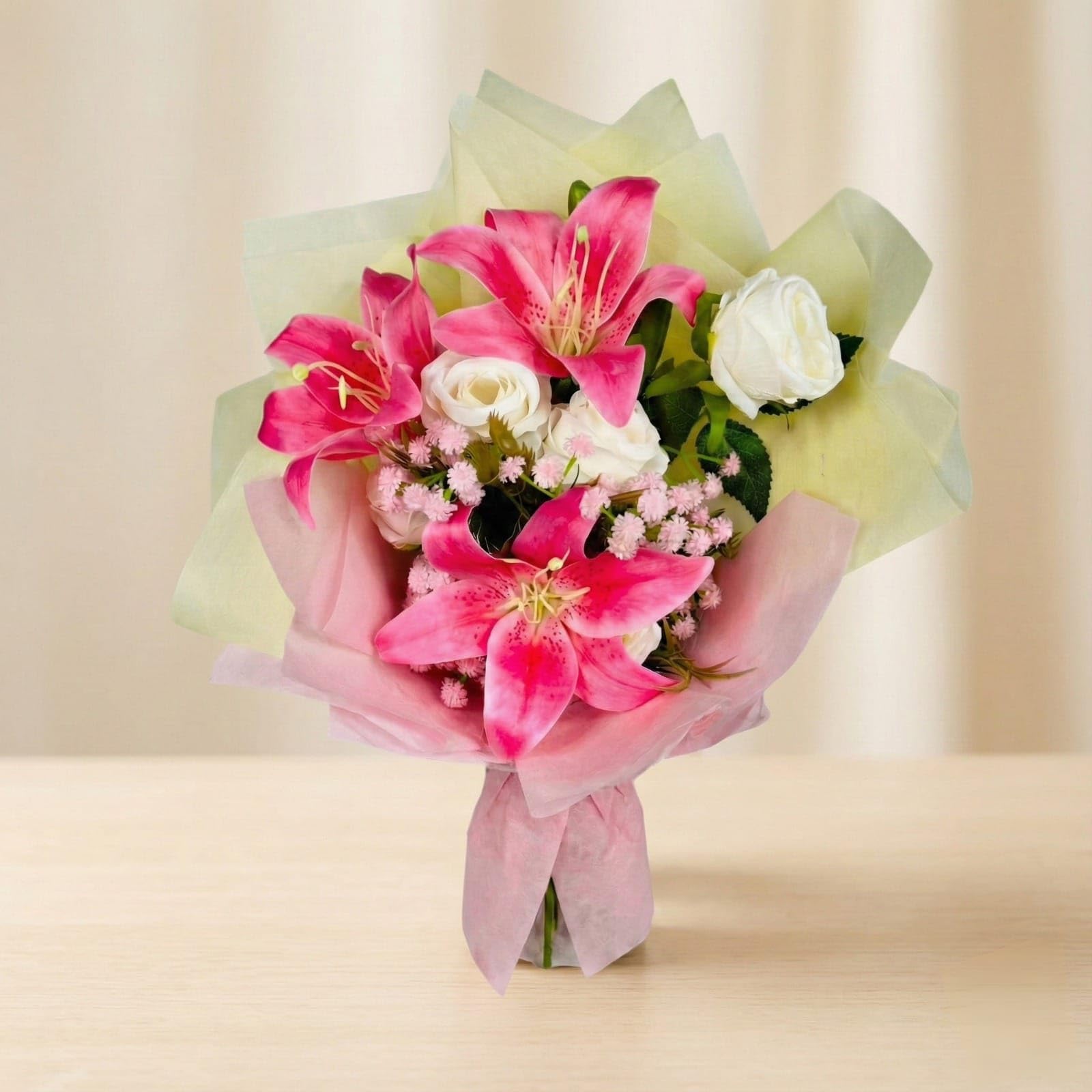 Dekorly Artificial Pink Lily & White Rose Flower Bouquet for Home & Office Décor Perfect for Gifting| 15 Inches Pink Lily Artificial Flower | Valentine Day Gift (with Gift Wrapping)-image-14