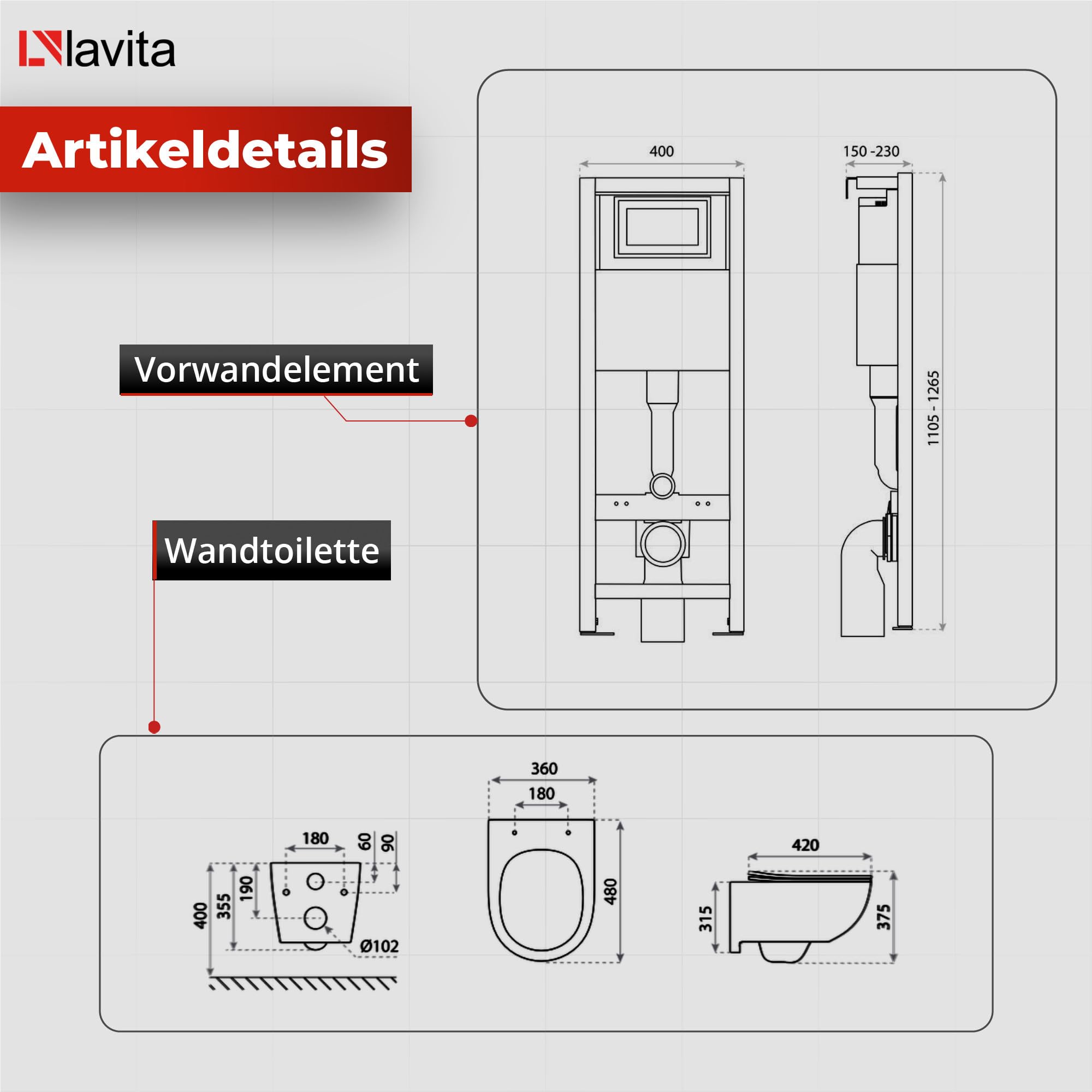 lavita LAV 101 Elemento de Pared para Inodoro 40 cm + Inodoro suspendido suspendido Brava Blanco sin Borde + Panel de Control LAV 200.4.5 Dorado | Conjunto Completo | Cisterna empotrada | Jueg