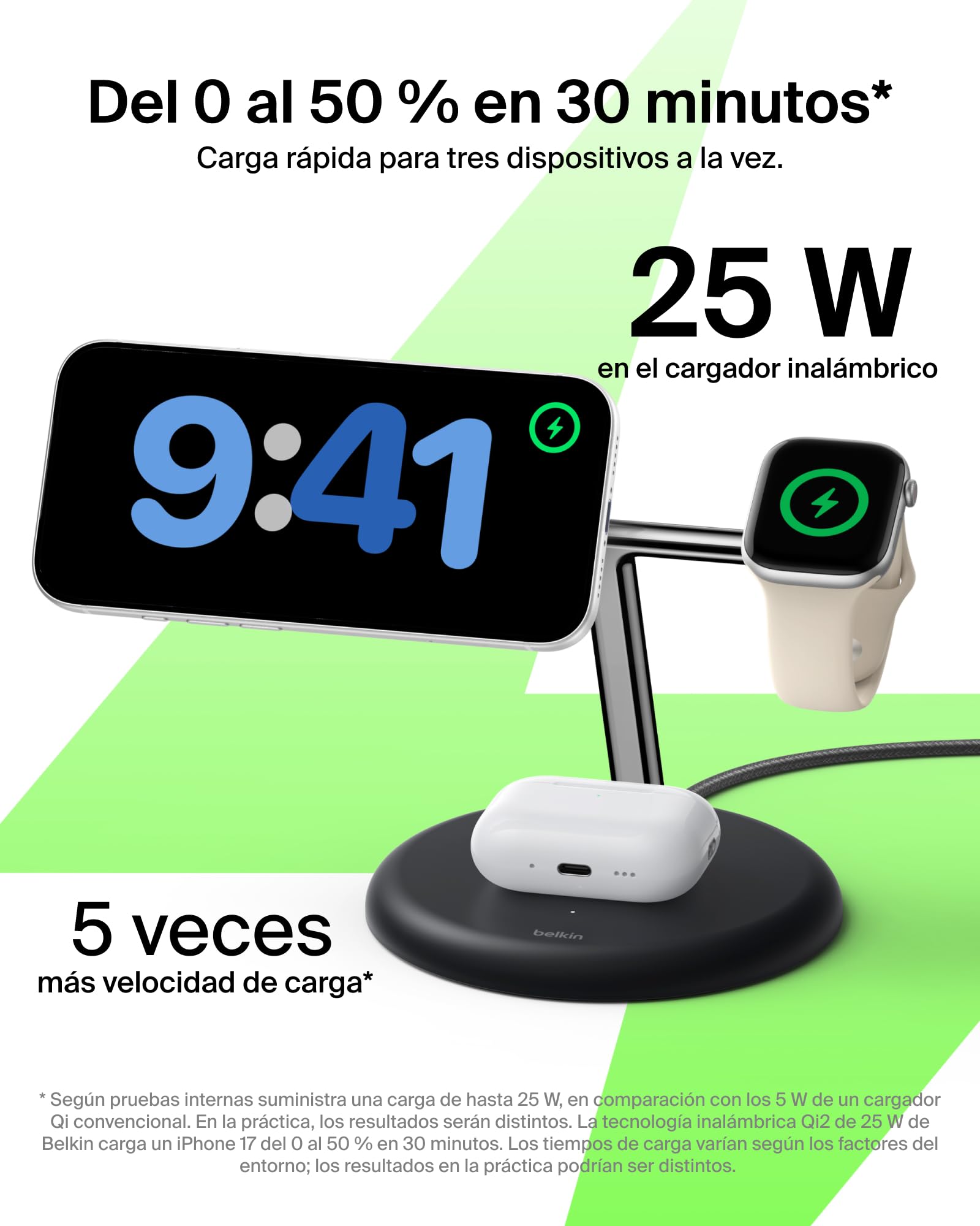 Belkin UltraCharge Pro Cargador Inalámbrico Magnético 3 en 1 Qi2 25W Negro | Estación de Carga Inalámbrica MagSafe, Certificación Qi2.2, iPhone, Apple Watch y Auriculares, Cable USB C y Adaptador 45W