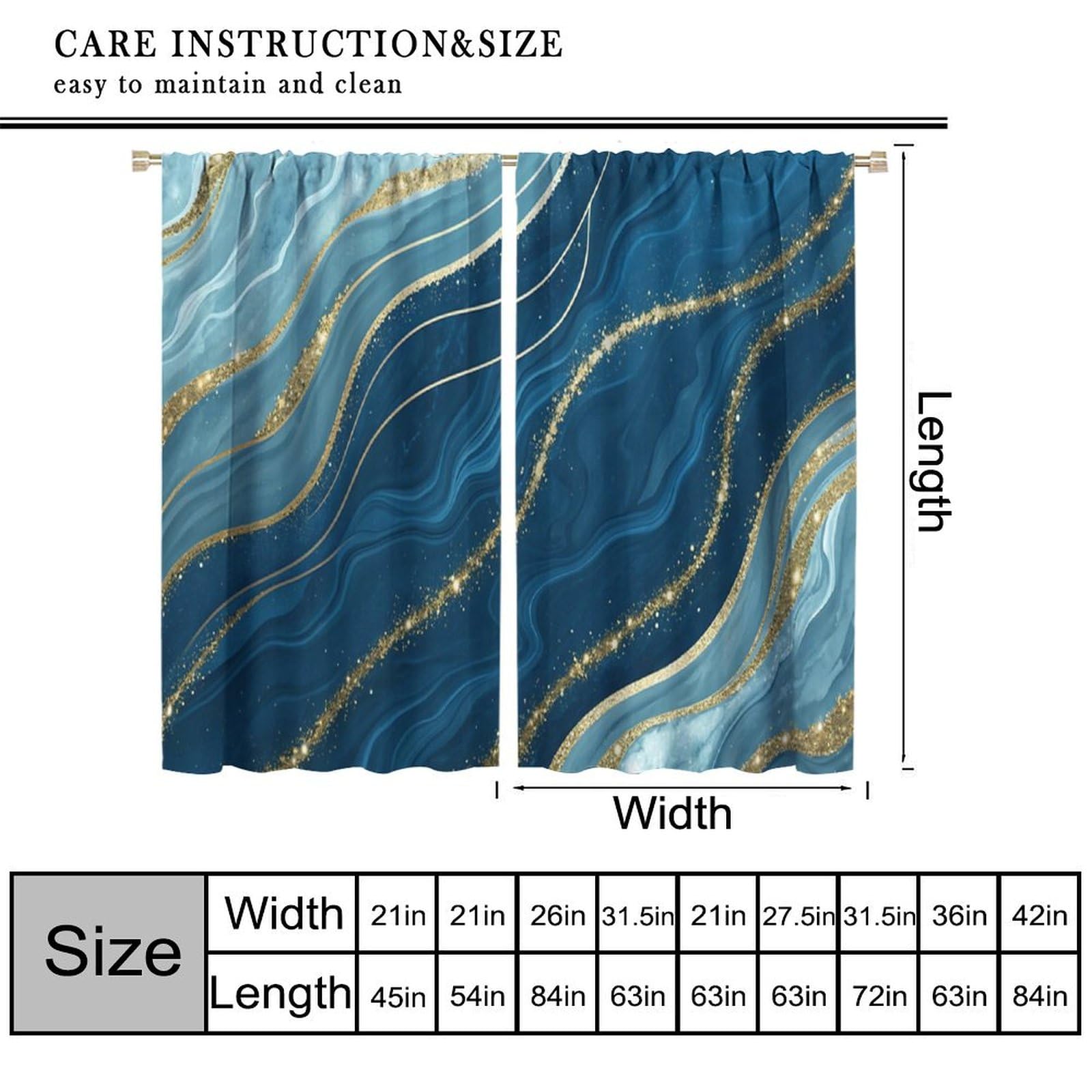 KANEPE Blue Marble Curtains, Luxurious Ocean Blue Marble Abstract Pattern Blackout Window Treatments, Rod Pocket Thermal Insulated Drapes 2 Panel Sets for Bedroom Living Room, 42