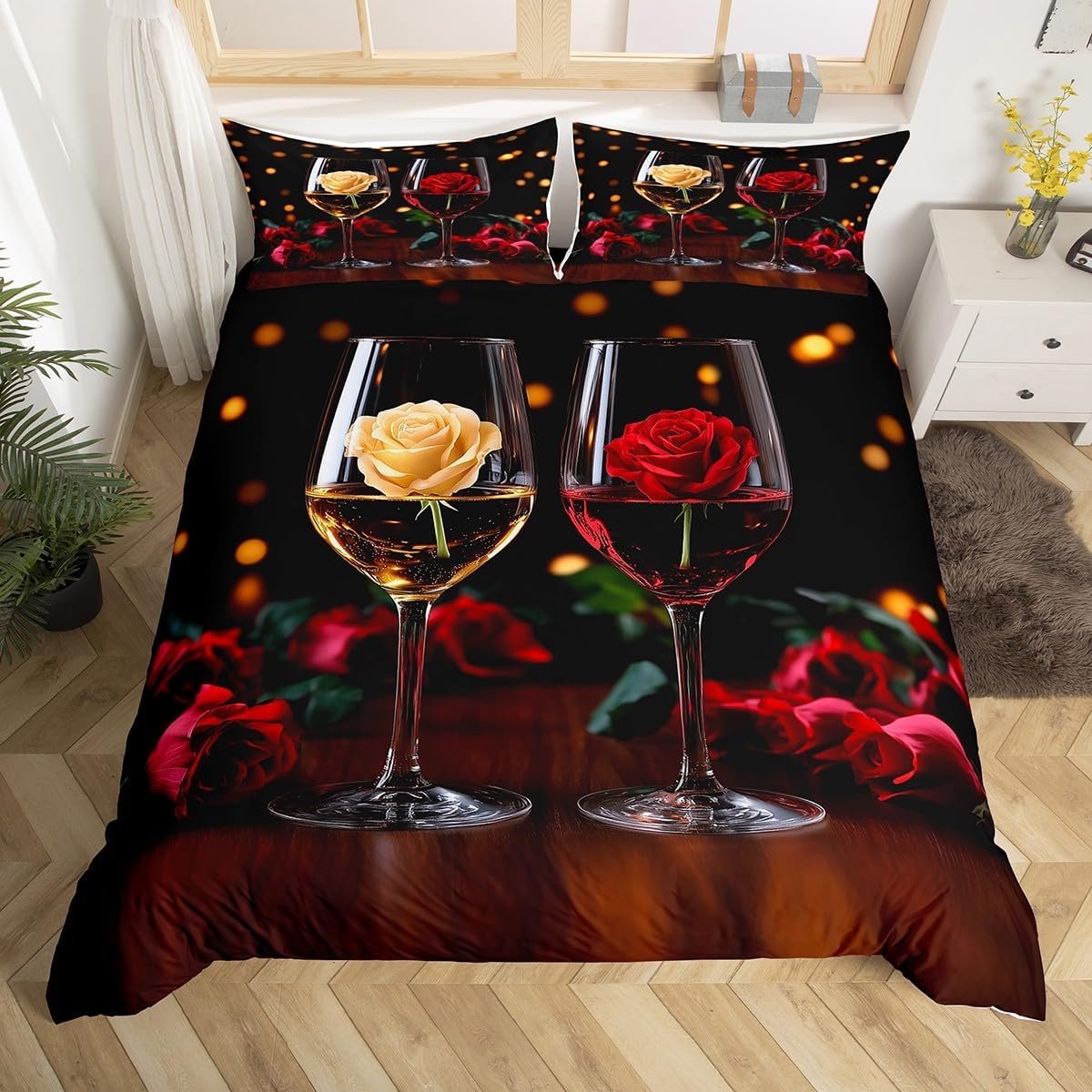 Red Wine Duvet Cover Set Toddler Size,Red Rose Bedding Set for Kids Boys Girls Room Decor,Romantic Style Comforter Cover,Valentine's Day Quilt Cover with 1 Pillowcase(No Comforter)