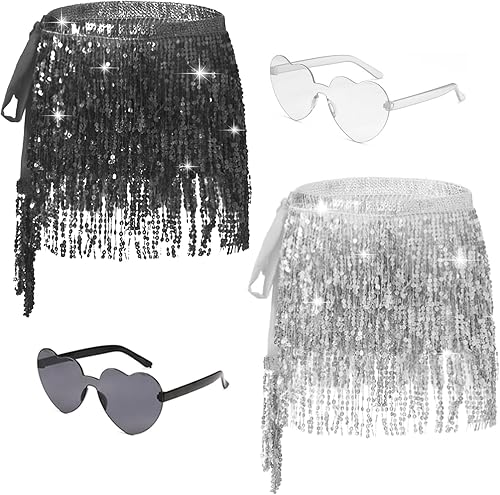 2 piezas de falda con flecos de lentejuelas, bufanda de cadera para danza del vientre, falda de borla brillante, traje de fiesta de concierto para