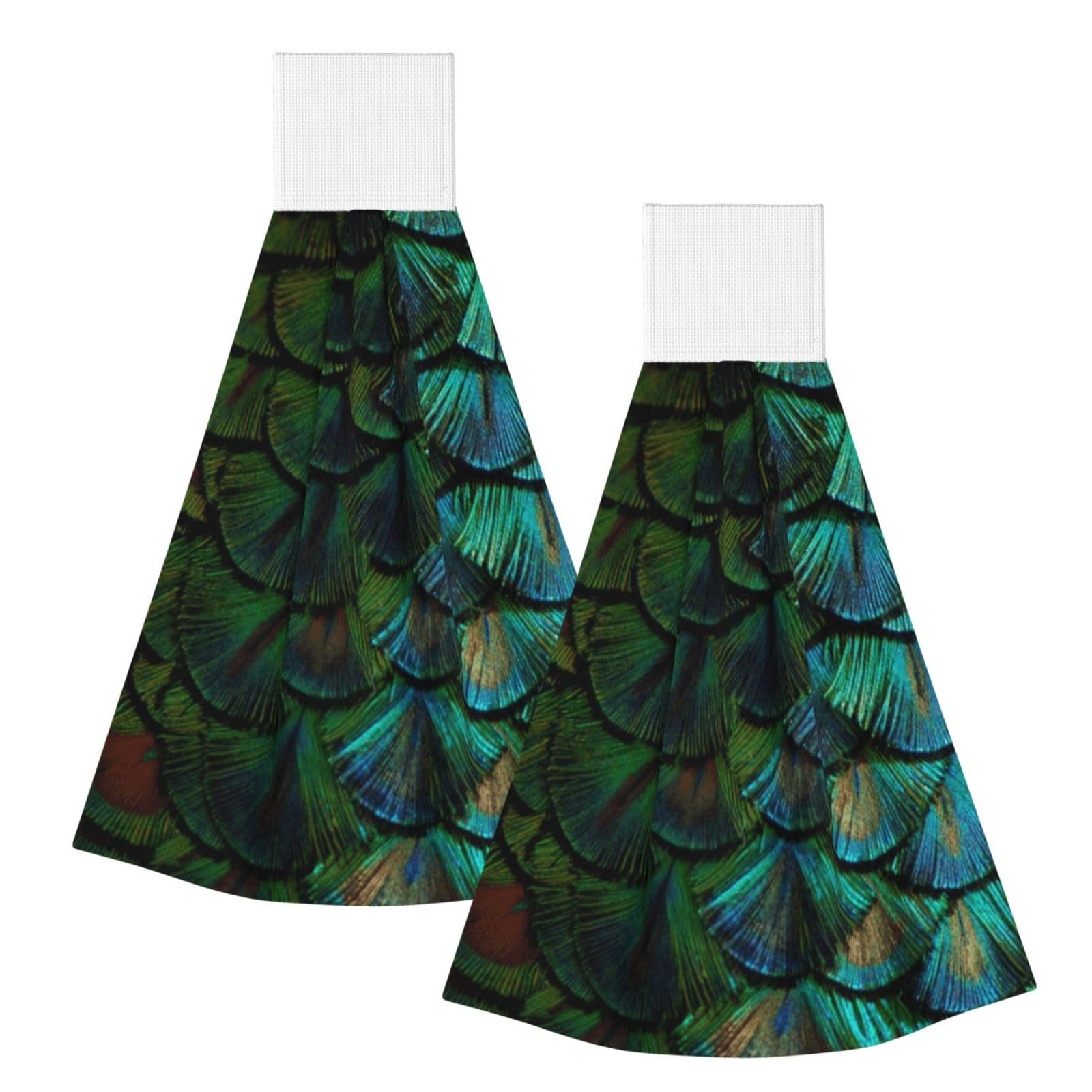 DOPKLNA Beautiful Peacock Feather, 2 Pcs Hanging Coral Fiber Hand Towels for Bathroom, Absorbent Kitchen Towels
