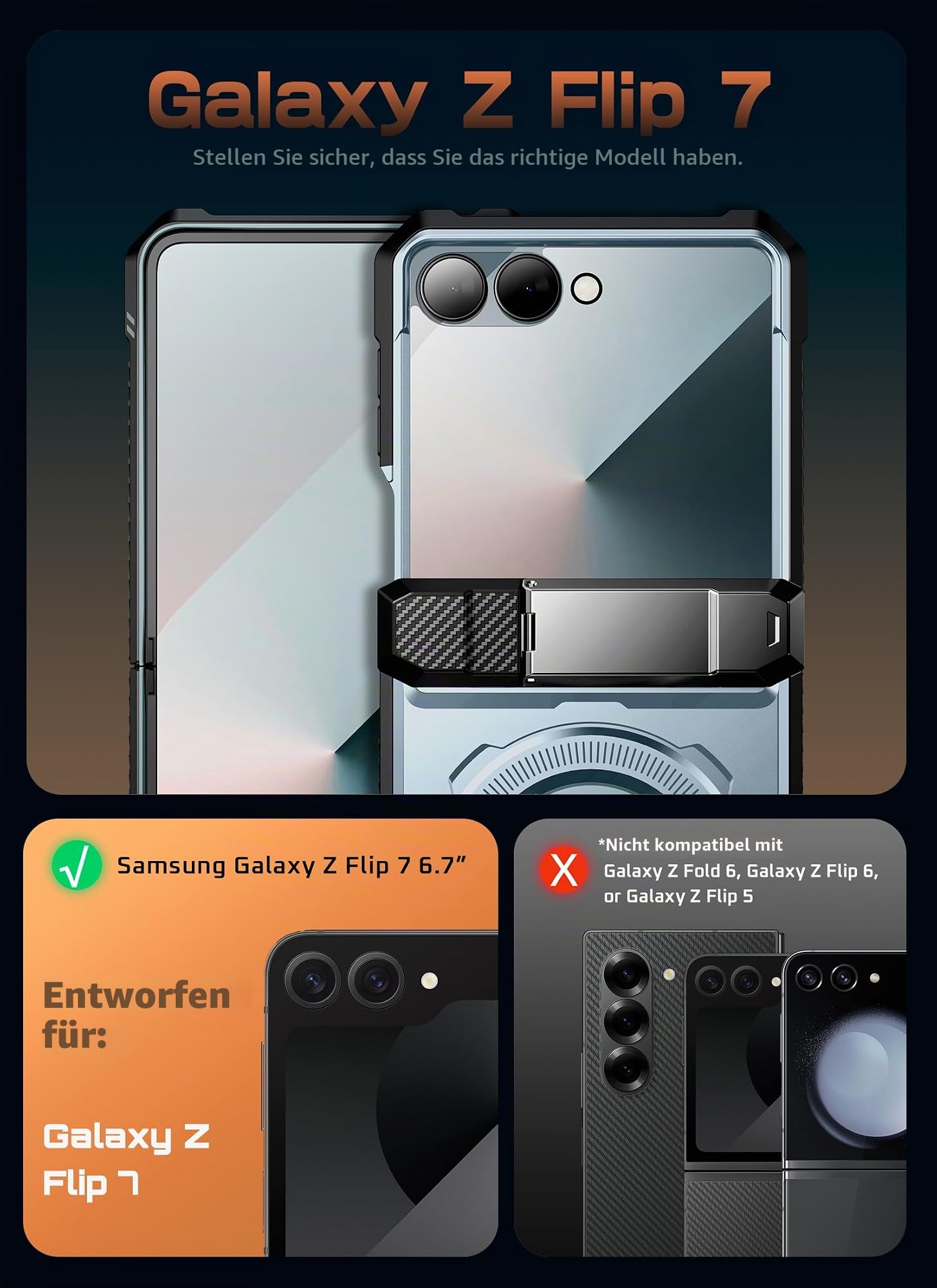 SUPCASE für Samsung Galaxy Z Flip 7 Hülle mit Ständer und Displayschutz (UB Grip), [Unterstützt MagSafe] [Scharnierschutz] Militärisch Schutzhülle Durchsichtig Handyhülle Bumper Case Cover (Blau) | Unterstützt MagSafe (UB Grip) Scharnierschutz Militärisch