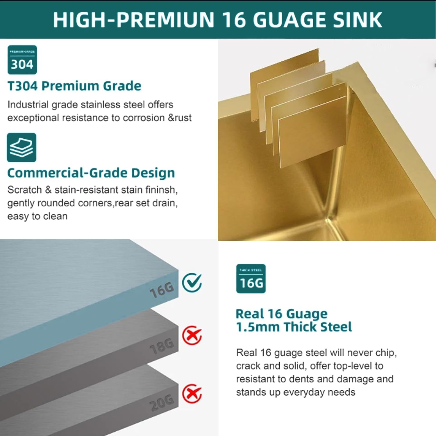 32 Inch Gold Kitchen Sink, 32 x 19 Inch Undermount Single Bowl Kitchen Sink, 16 Gauge Stainless Steel Sinks for Kitchen