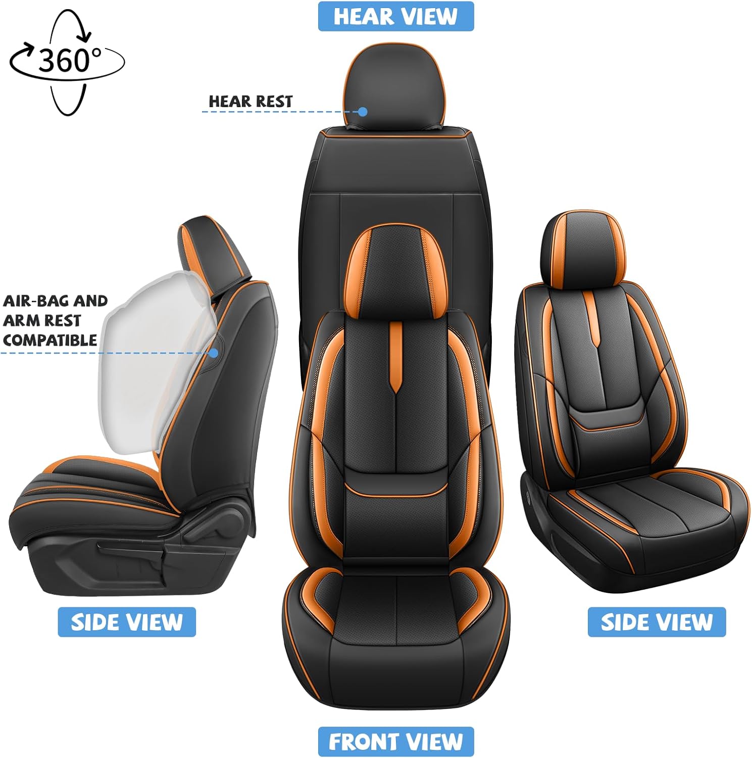 ILMO Breathable Leather Seat Covers Tailored for Nissan Rogue 2008-2026– Soft, Waterproof & Wear-Resistant Seat Cover– Full Coverage Chair Cover (Black&Orange, Front Set)