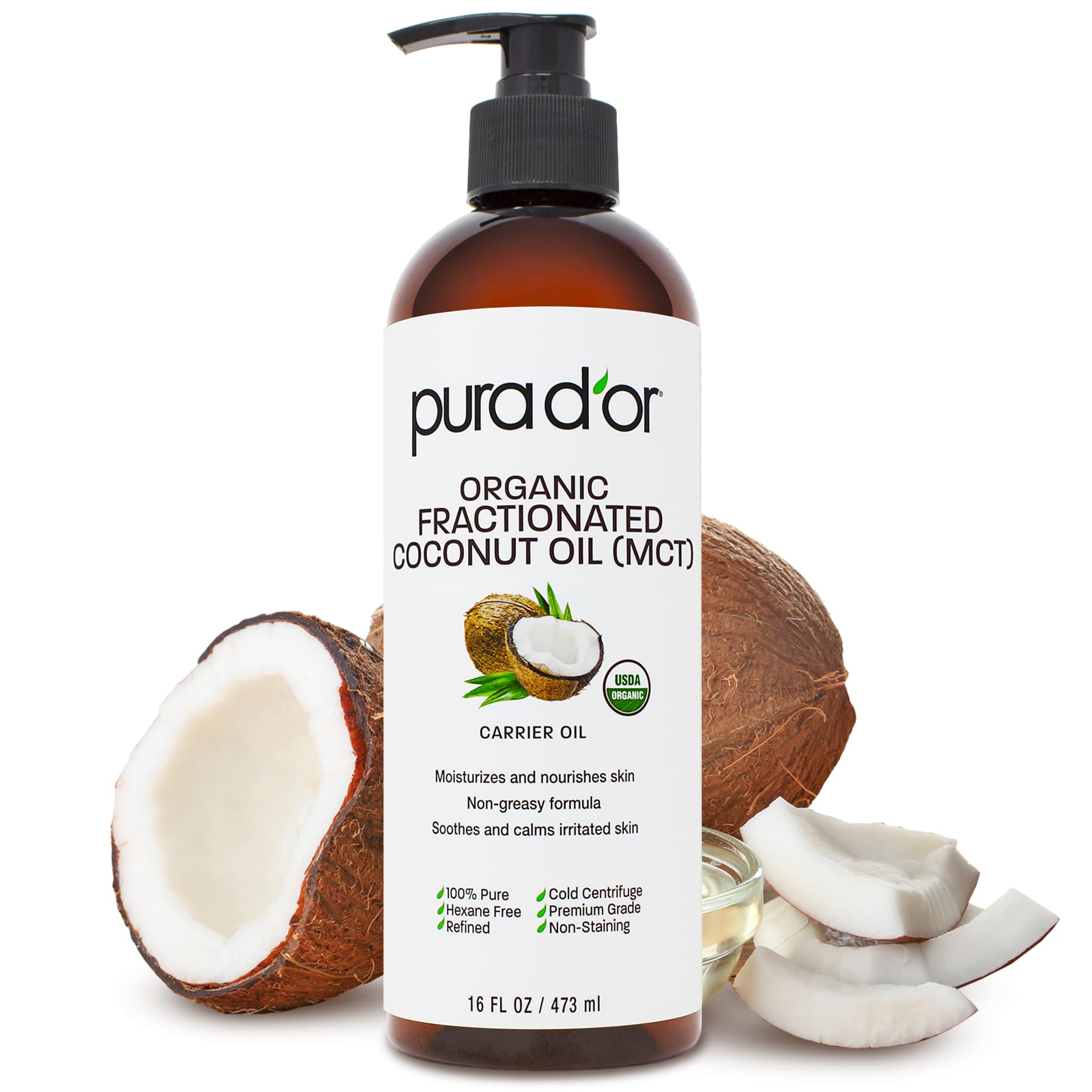 PURA D'OR 16 Oz ORGANIC Fractionated Coconut Oil - MCT Oil - 100% Pure & Natural USDA Certified Cold Pressed Carrier Oil - Unscented, Hexane Free Moisturizer For Face, Skin & Hair Tonic - Men & WomenUSDA Organic